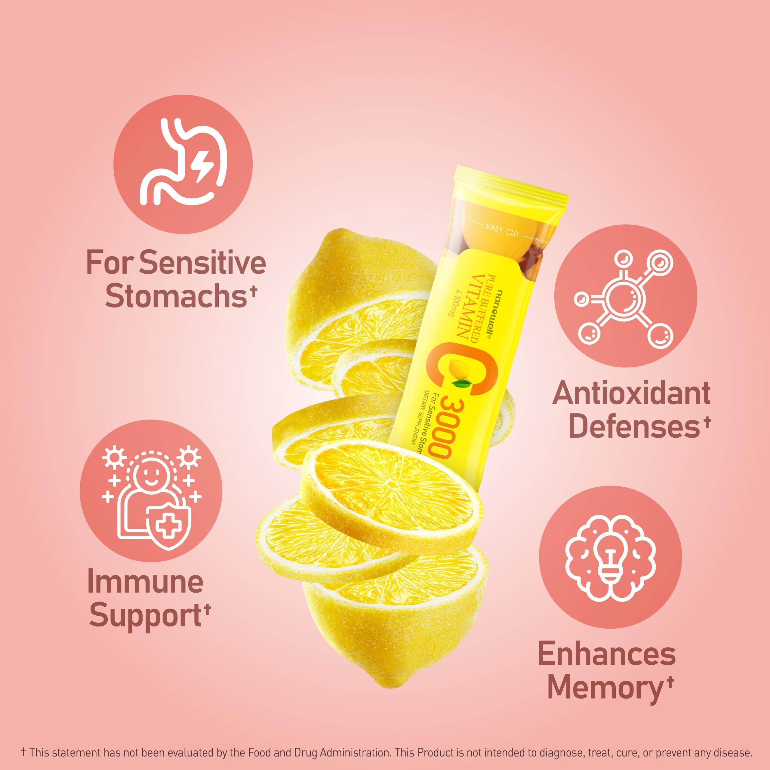 NANOWELL NANOWELL Pure Buffered Vitamin C Powder 3000mg per Serving, Dietary Supplement for Immune Support - 60 Sticks, 60 Day Supply