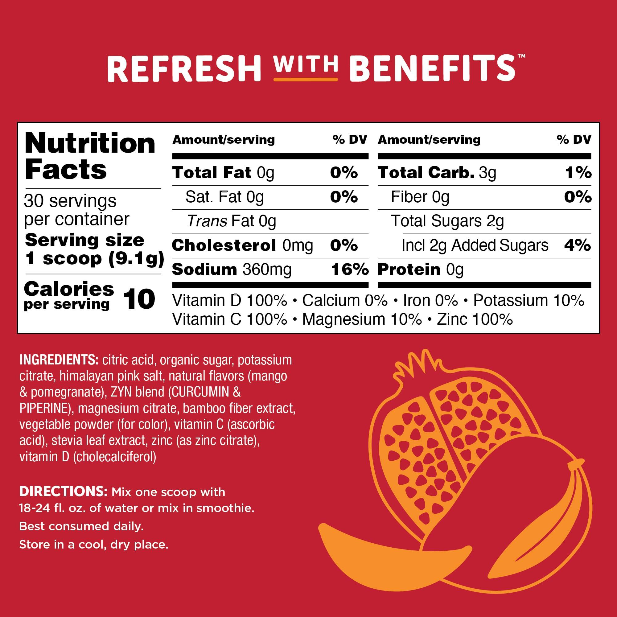 ZYN ZYN Electrolyte Drink Mix Hydration Packets (30 Servings), Mango Pomegranate Electrolytes Powder, Hydration Packets w/Turmeric Curcumin, Vitamin C & D, Zinc, Hydrate & Recover Electrolyte Powder