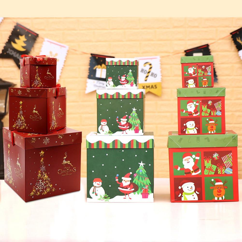 JOYWU JOYWU Christmas Stackable Gift Boxes Set with Lids and Red Rope,3 Pcs Xmas Nesting Box for Gift Wrapping,Square Santa Snowman Xmas Tree Stacking Small Gift Boxes,Christmas Decorative Boxes (Green)