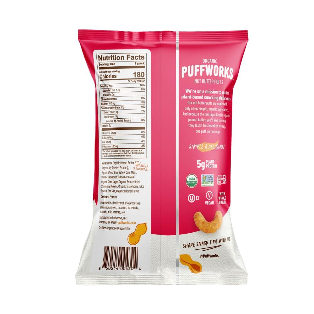 Puffworks Puffworks Strawberry PBJ Organic Peanut Butter Puffs, 1.2 Ounce (Pack of 6), Plant-Based Protein Snack, Gluten-Free, Vegan, Kosher