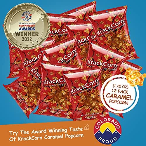 KrackCorn KrackCorn Caramel Popcorn. Award Winning Small Batch Caramel Corn Popcorn Unlike Anything You Have Tried Before! Caramel Flavored Popcorn for Movie Night or Game Night. Tasty Sweet and Salty Popcorn. Non GMO. Gluten Free Snacks. 1.25oz (Pack of 12)