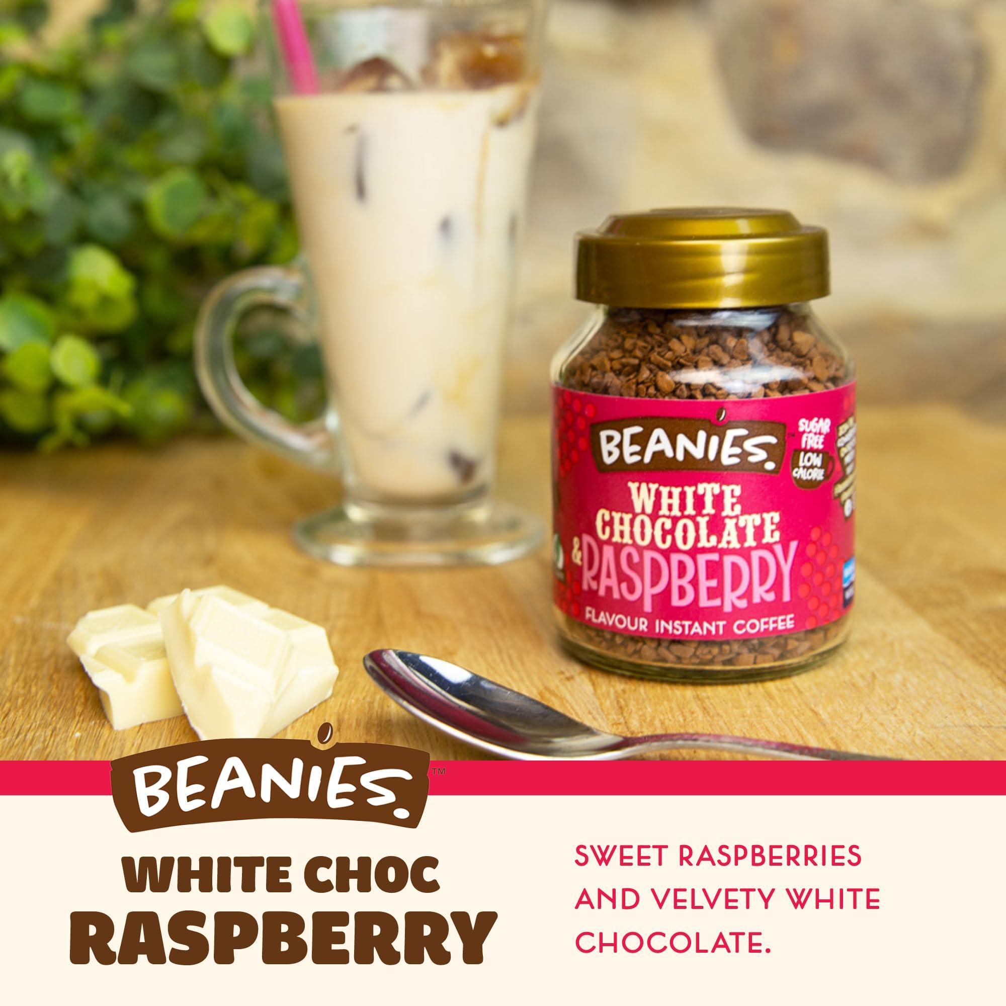 Beanies The Flavour Co Beanies Flavour Instant Coffee -White Chocolate & Raspberry Instant Flavored Coffee - Bold & Adventurous Full-On Flavor - An Indulgent Sugar Free Taste Explosion - Low Calorie - Vegan & Gluten Free - Wheat & Dairy Free, 6 x 50g jar