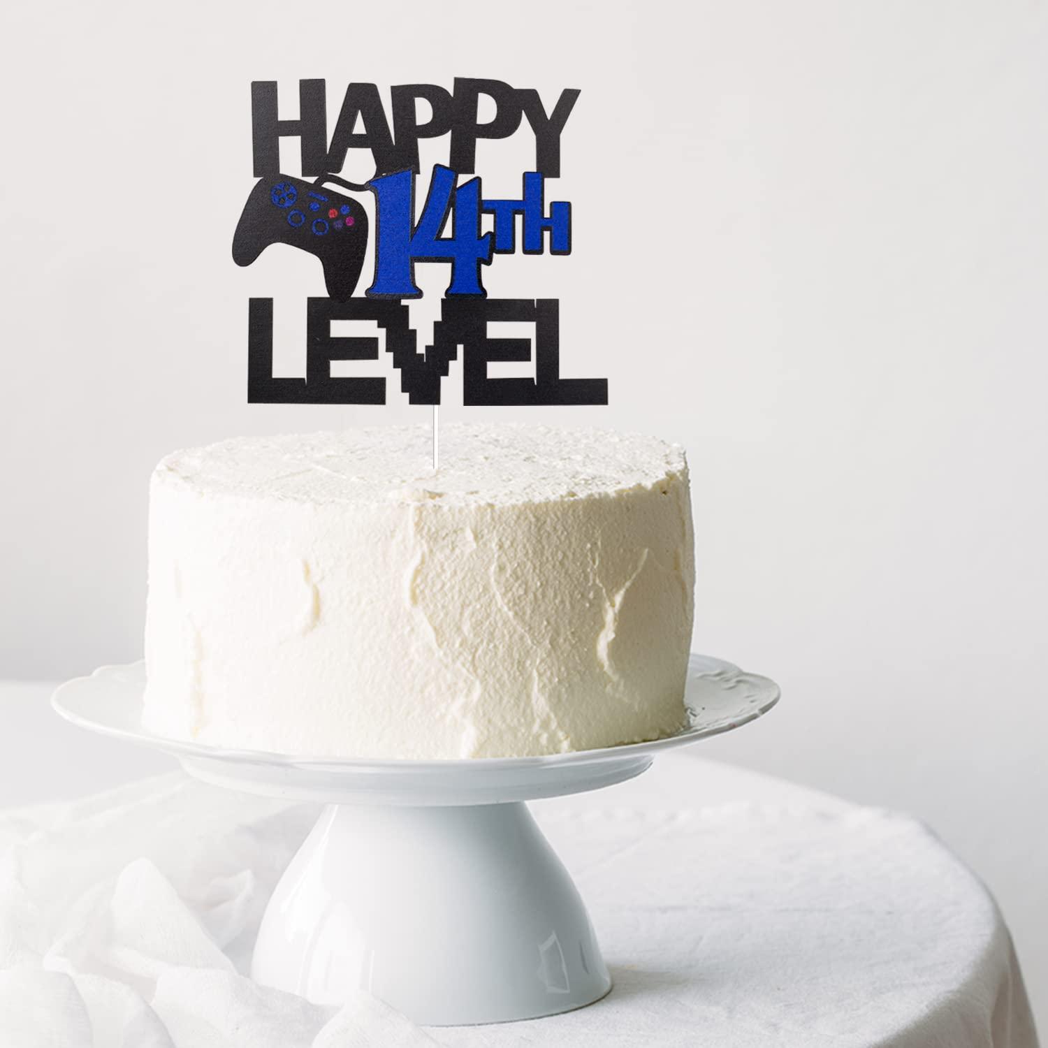 LQINBIBJ Video Game Cake Topper For Happy 14th Level Birthday Decoration - Glitter Happy 14th Birthday Video Game Cake Topper - Gamer Levle 14th Unlocked Birthday Party Cake Decorations