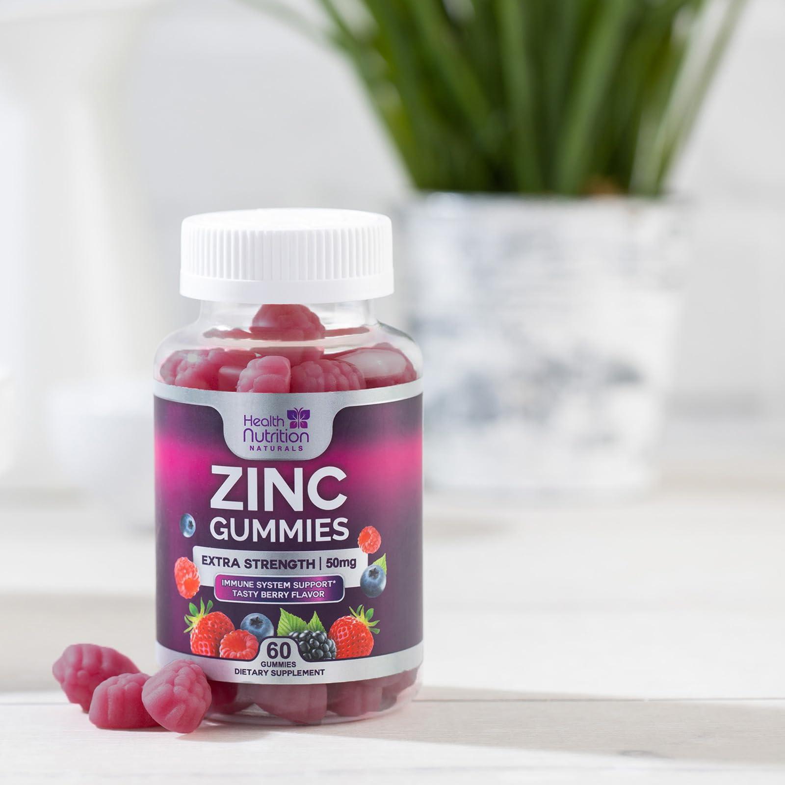 Health Nutrition Naturals Zinc Supplement Gummies 50mg, Max Strength Bone, Skin & Immune Support Zinc Supplements for Women & Men, Vegan, Non-GMO & Gluten Free, Immune Health Support, Antioxidant Zinc Vitamins - 60 Gummies