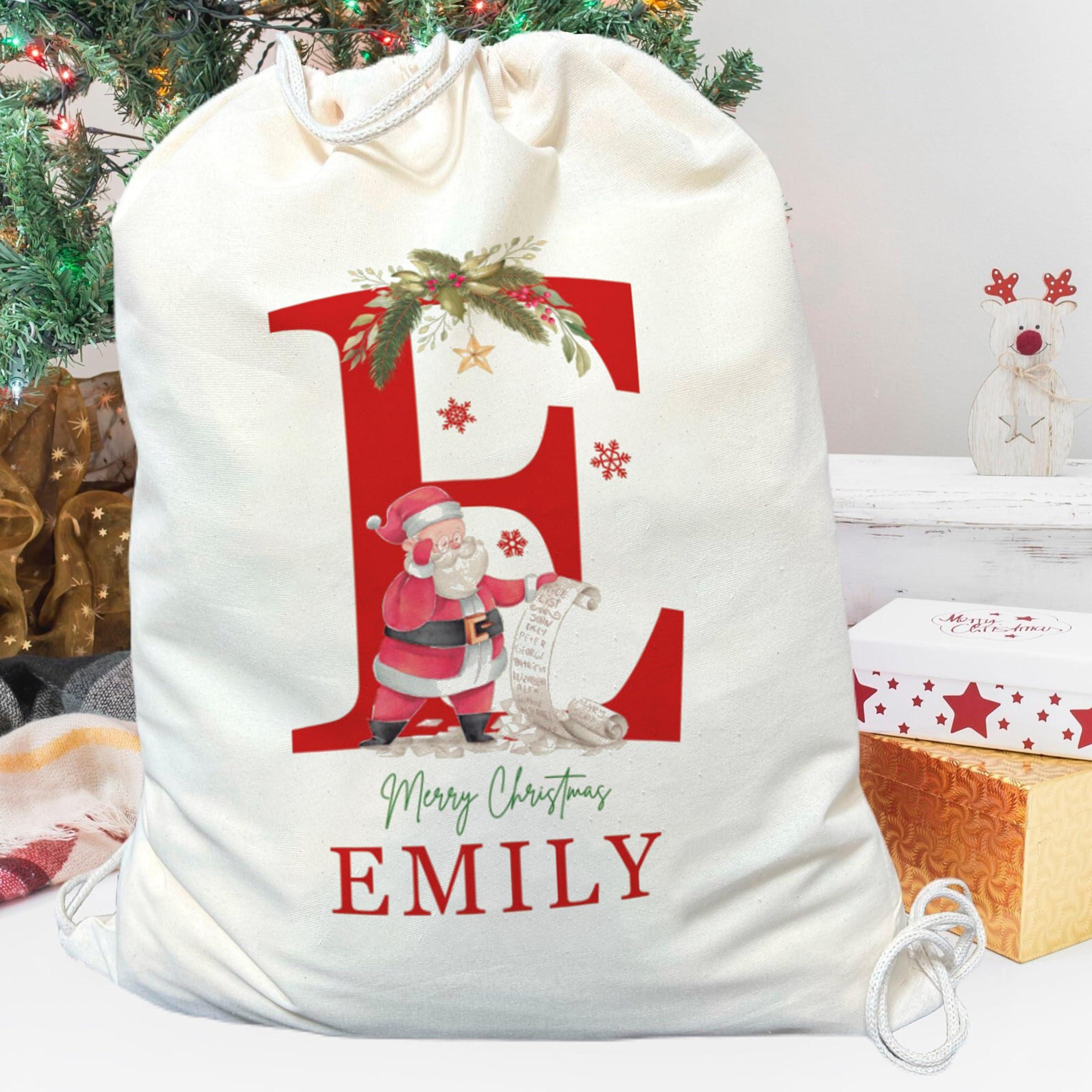 Magic Lunar Set of 4 - Personalized Santa Sack with Initial & Name for Kids Custom Christmas Gift Bags for Holiday Presents Christmas Eve Box Large Sack Bags