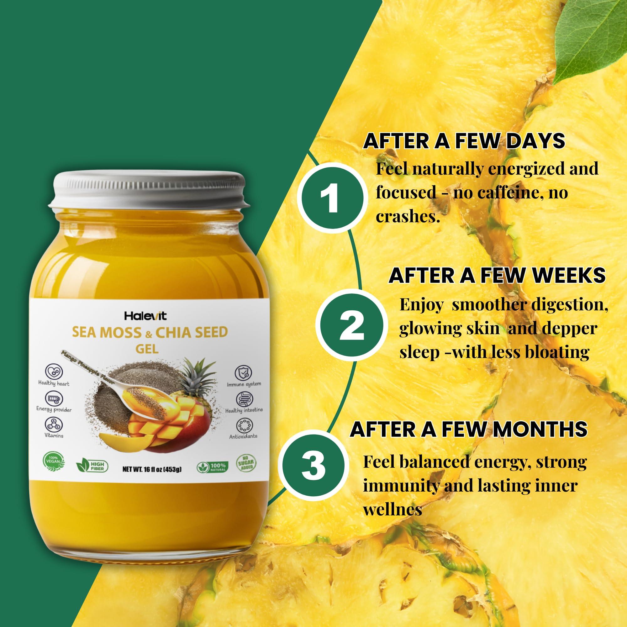 Halevit Sea Moss Gel with Ground Chia Seeds, Sea Moss Gel Organic Raw Natural Iodine Source, Omega-3, Immune & Digestive Support, Vegan Superfood, Mango Pineapple Flavor, Made in USA, 16 oz