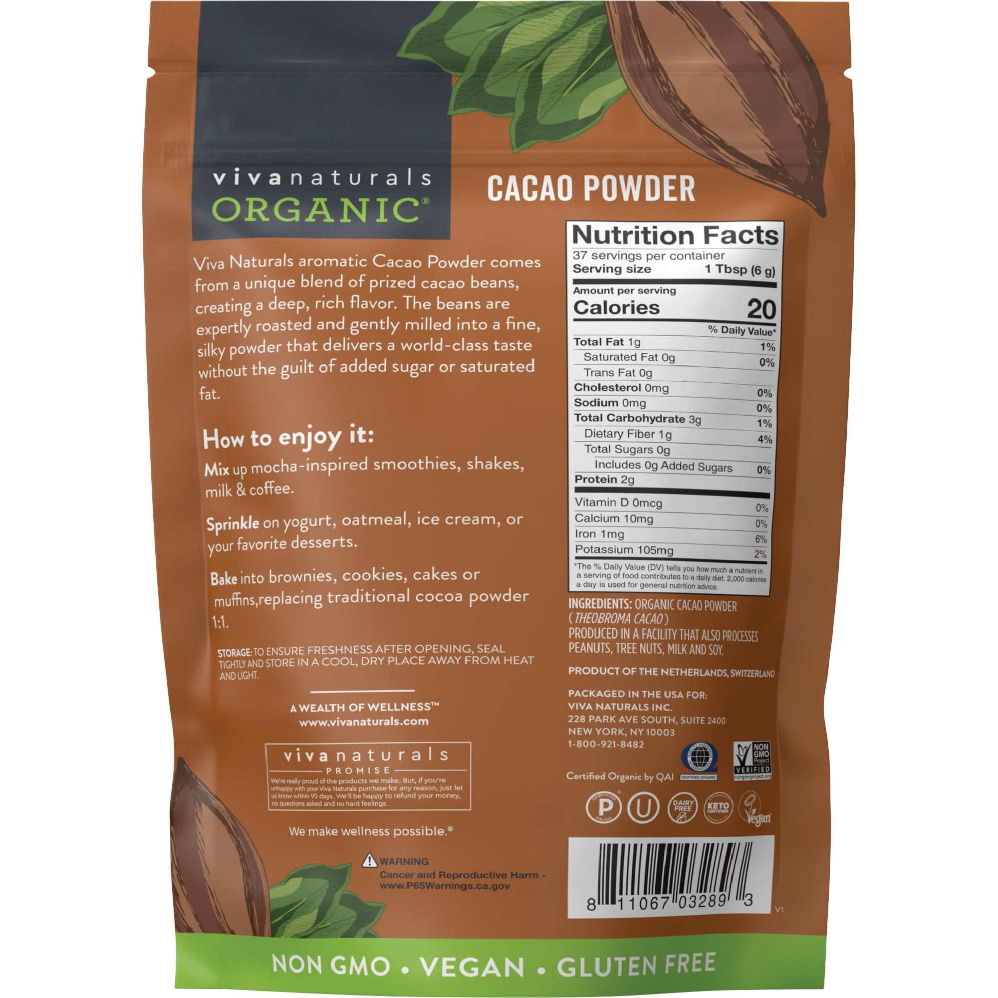 Viva Naturals Viva Naturals Organic Cacao Powder, 8 oz - Unsweetened Cocoa Powder With Rich Dark Chocolate Flavor, Perfect for Baking & Smoothies - Certified Vegan, Keto & Paleo, Non-GMO & Gluten-Free, 227 g