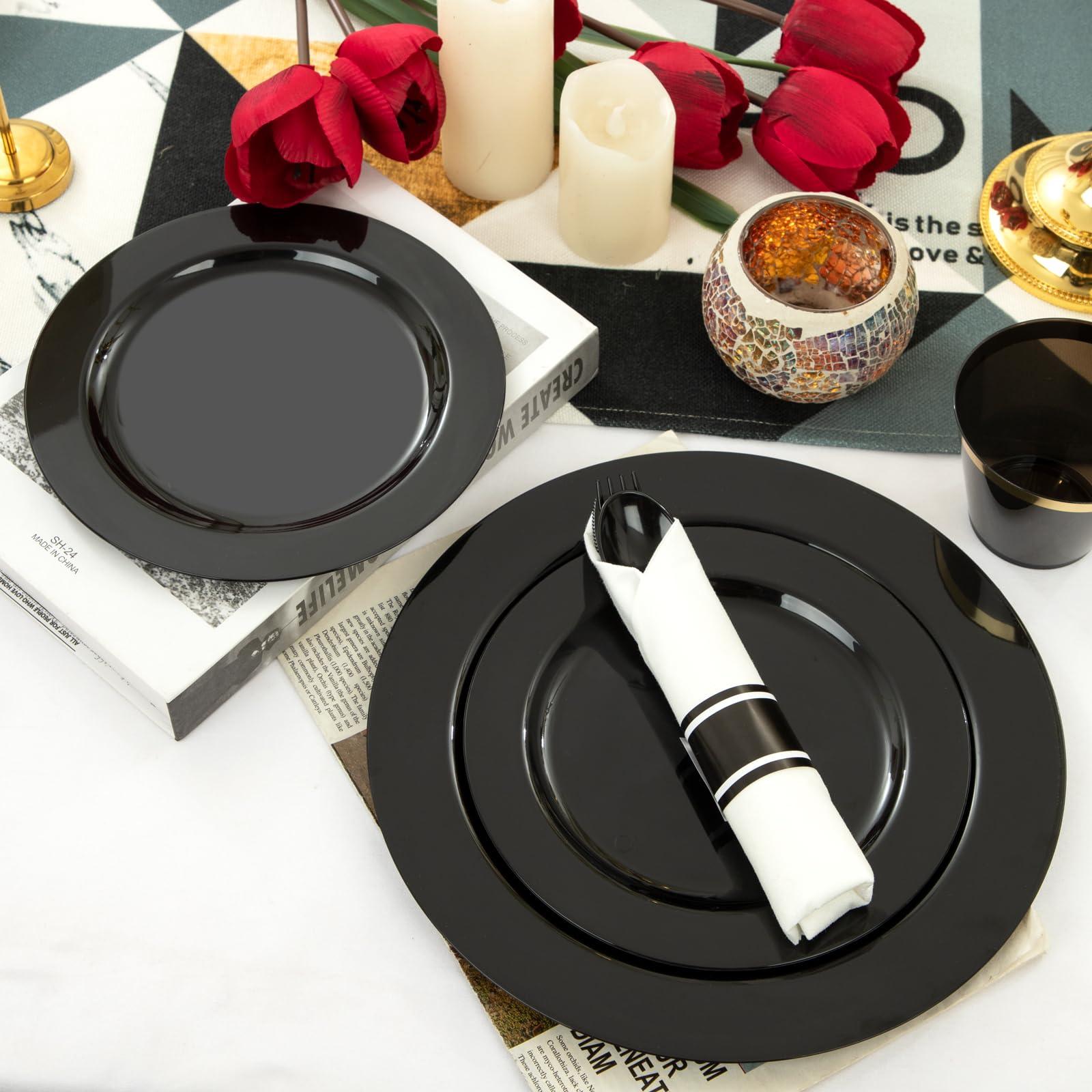 ejonirinjonir EI 350pcs Black Plastic Plates,Black Plastic Dinnerware,Pre Rolled Plastic Silverware Black,Black and Gold Cups, Black Cups and Plates for Party Suit for Halloween, Thanksgiving, Christmas