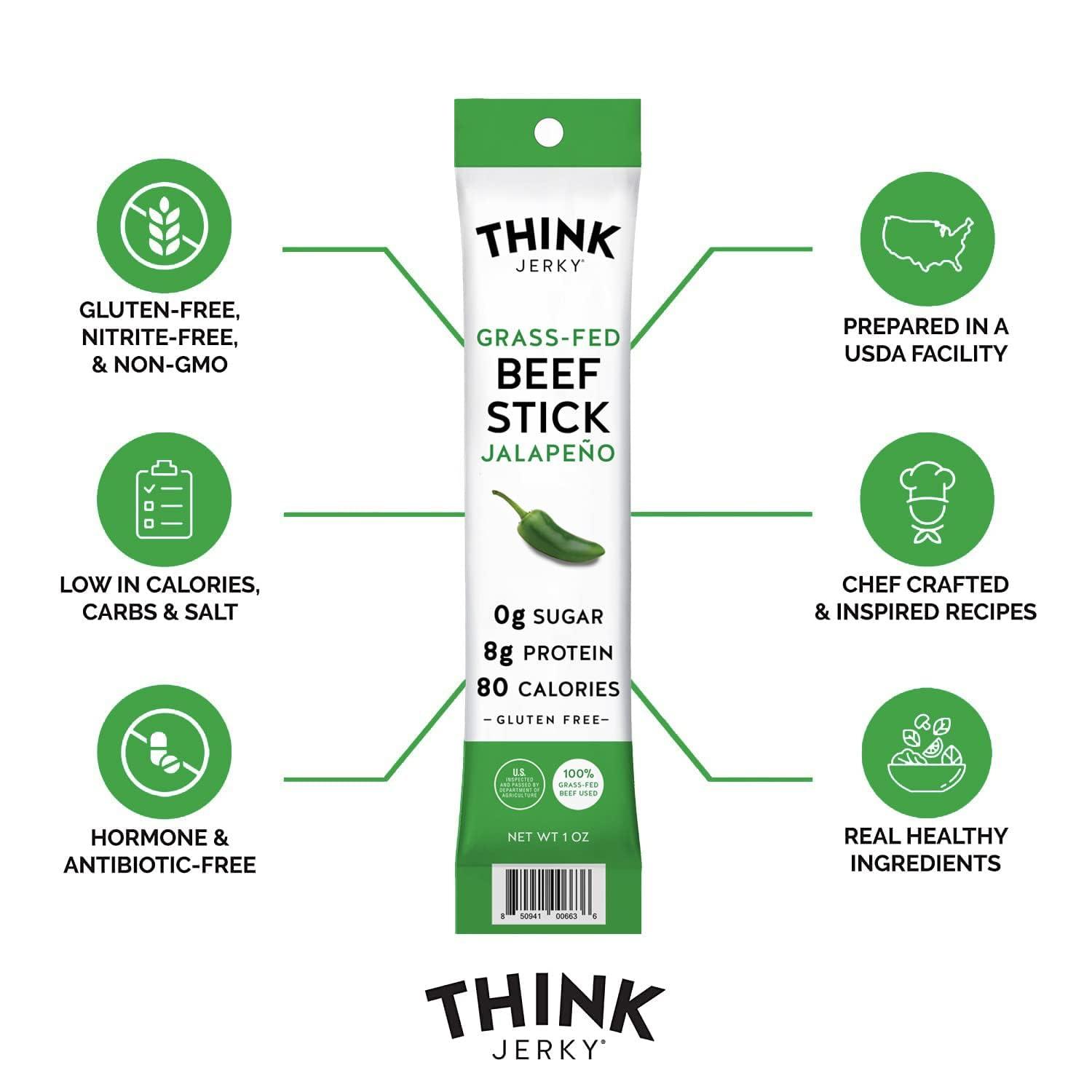 Think Jerky Think Jerky, Meat Stick Variety Pack, Original Grass-Fed Beef Sticks and All-Natural Turkey Sticks and Grass-Fed Jalapeno Beef Sticks (0.5 Ounce Sticks, Pack of 18 Sticks) - Sugar Free, Gluten Free, Non GMO, No Nitrates, Keto Friendly, Paleo, High Pr
