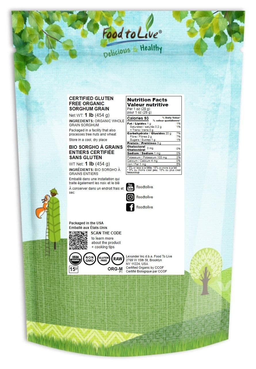Food to Live Food to Live Gluten Free Organic Whole Grain Sorghum, 1 Pound Non-GMO White Groats. Raw Milo Seeds. Vegan, Bulk Broom-corn. Durra is Great for Making Flour and Popped Jowar Dhani. Made in USA
