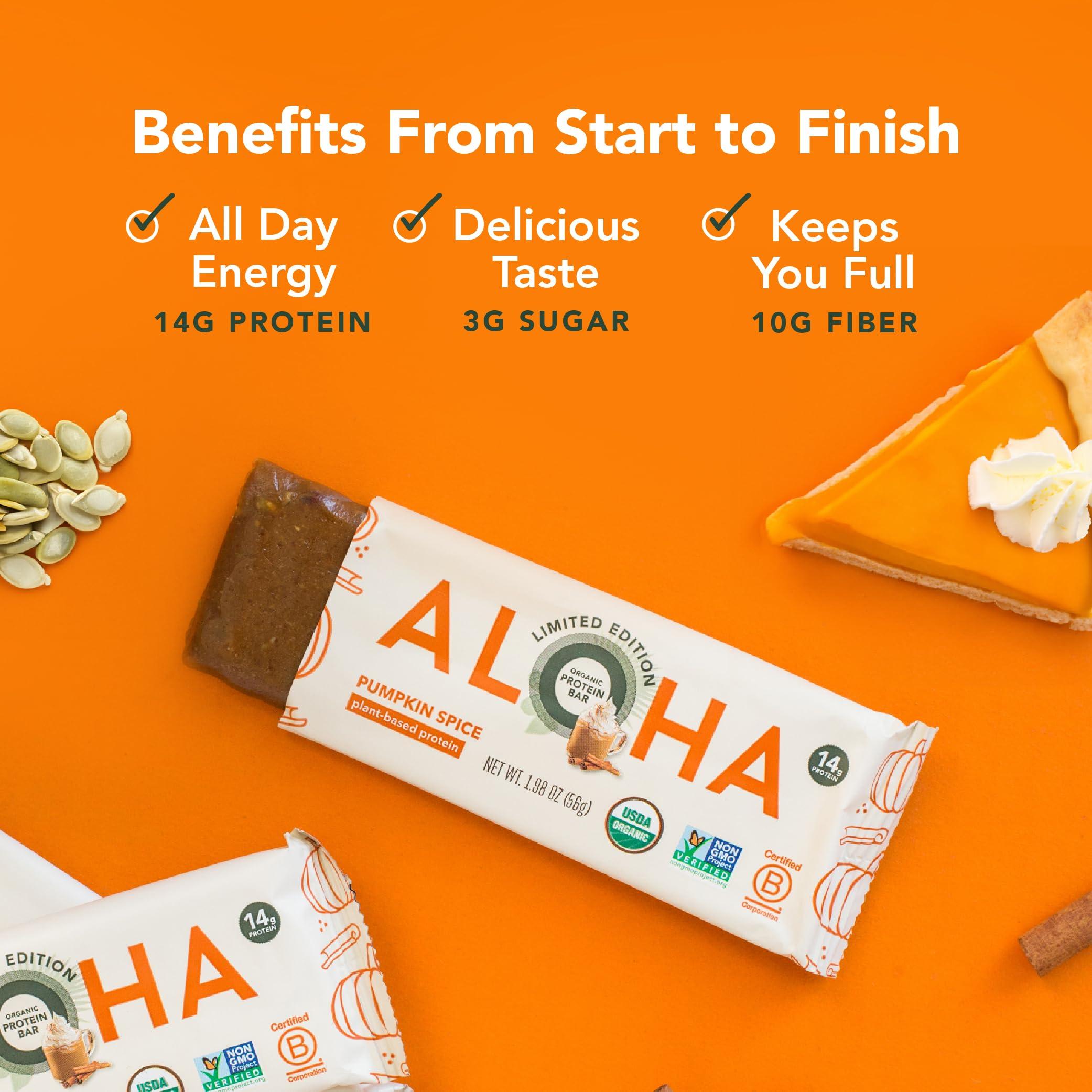 ALOHA ALOHA Organic Plant Based Protein Bars - Pumpkin Spice, Vegan, Low Sugar, Gluten-Free, Low Carb, Non-GMO, No Stevia, No Erythritol - LIMITED EDITION, 12 Count (Pack of 1)