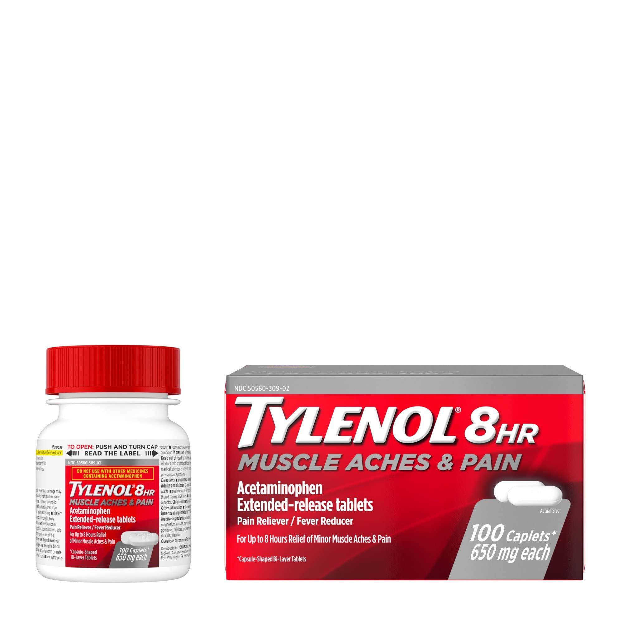 Tylenol Tylenol 8 Hour Muscle Aches and Pain Caplets, 100 Count Per Bottle (3 Bottles)