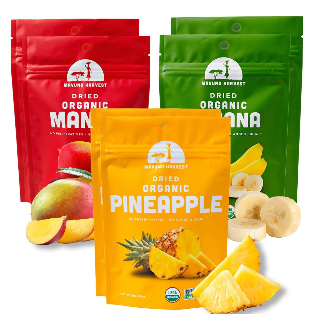 Mavuno Harvest Mavuno Harvest Organic Dried Fruit Variety Pack | Dried Mango, Pineapple, and Banana | Healthy, Vegan, No Sugar Added, Non GMO Snacks for Kids & Adults | 2 Ounce, Pack of 6