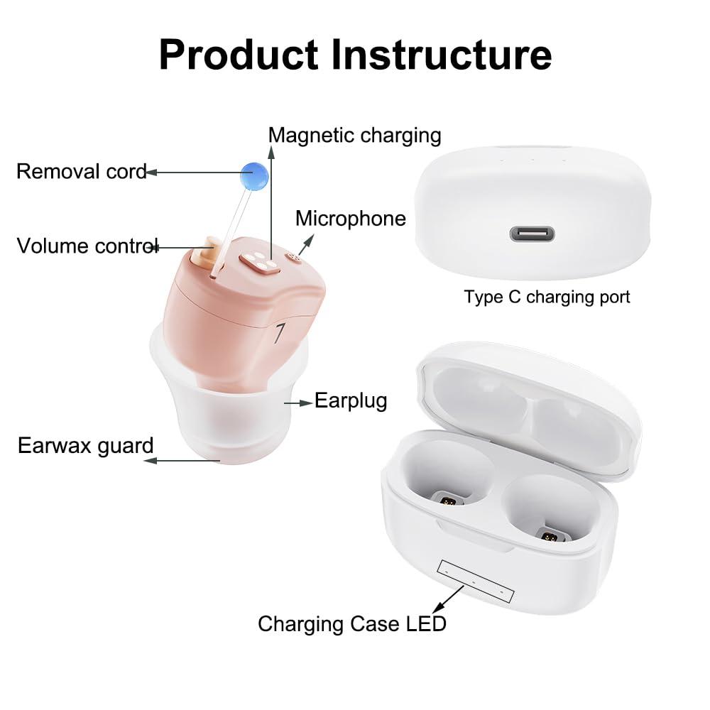 Mirasing Invisible Hearing Aids, Mirasing CIC Digital Rechargeable Hearing Aids for Seniors & Adults with Noise Cancelling,Portable For Adults Small and Tiny (Beige)
