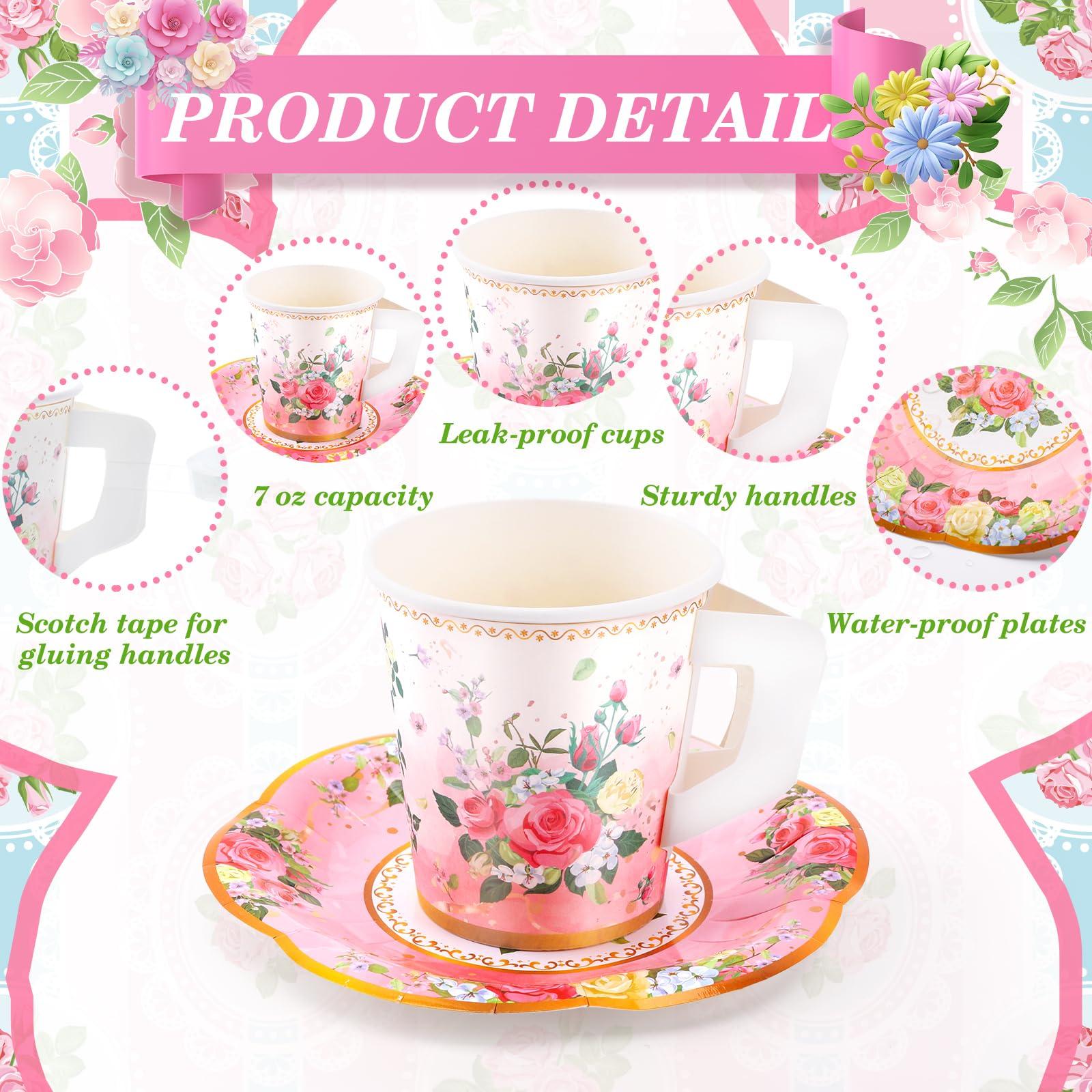SUMMORO SUMMORO 160 Pcs Floral Paper Tea Cups and Saucers 7 OZ Disposable Paper Tea Cups with Handle and Plates for Tea Party Decoration Birthday Baby Shower Bridal Wedding Mother\'s Day
