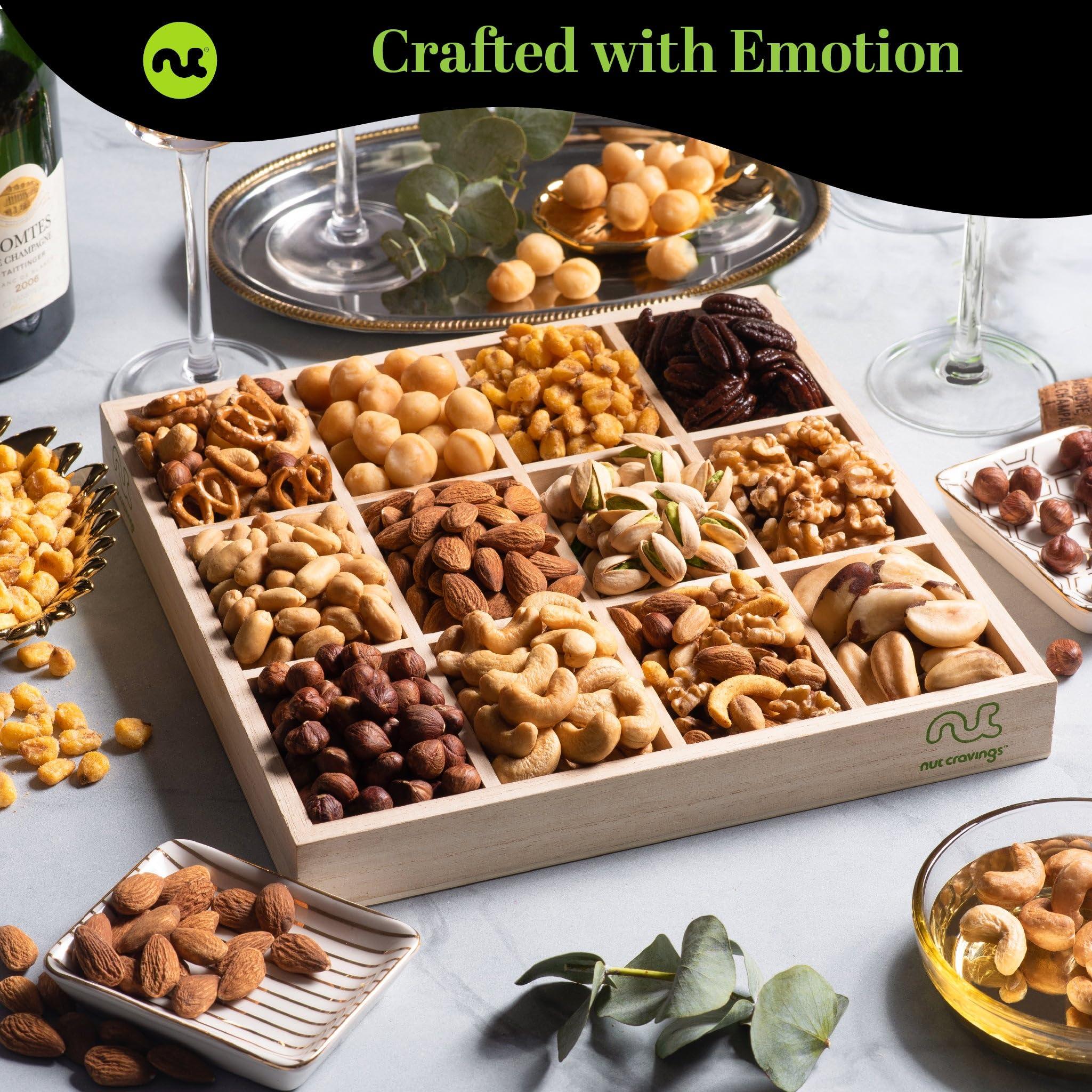 Nut Cravings NUT CRAVINGS Gourmet Collection - Happy Birthday Nuts Gift Basket with HB Ribbon in Reusable Wooden Tray (12 Assortments) Food Platter, Bday Care Package Variety, Healthy Kosher