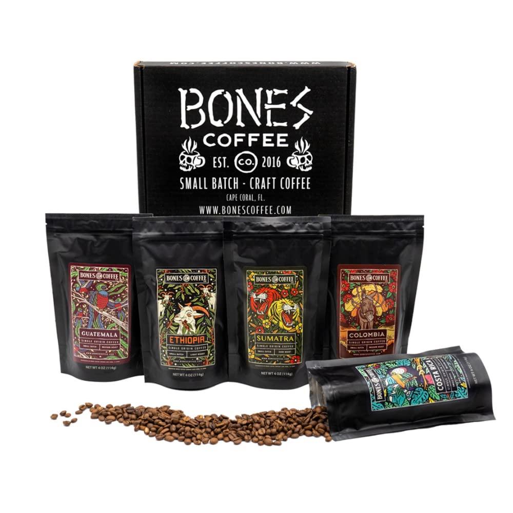 Bones Coffee Company Bones Coffee Company World Tour Sample Pack Gift Set, Medium Roast Whole Bean Coffee Low Acid Flavored Coffee Beans (4 oz, Pack of 5)