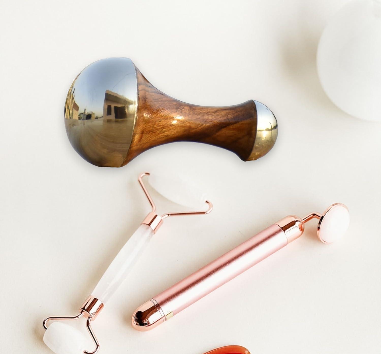 HEALTHANDWEALTH HEALTHANDWEALTH Kansa Wand 2 in 1 Mini Grip Beautiful Design Face Foot Body & Marma Massage Tool Teak Wood Handle Natural (Small & Marma)