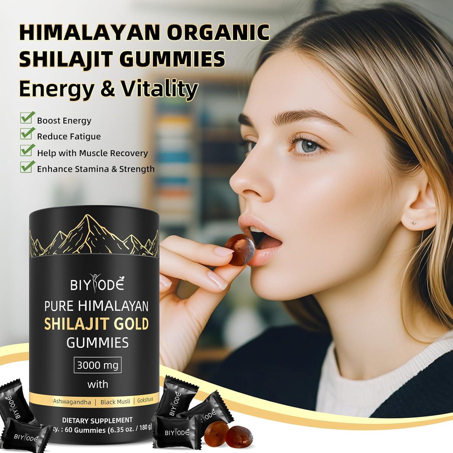 BIYODE BIYODE Shilajit Gummies: Pure Shilajit Himalayan Rich in Ashwagandha Gaulshura Fulvic Acid 85 Micronutrients Suitable for Men and Women No Added Sugar Non-GMO 100% Natural Organic 60 Gummies