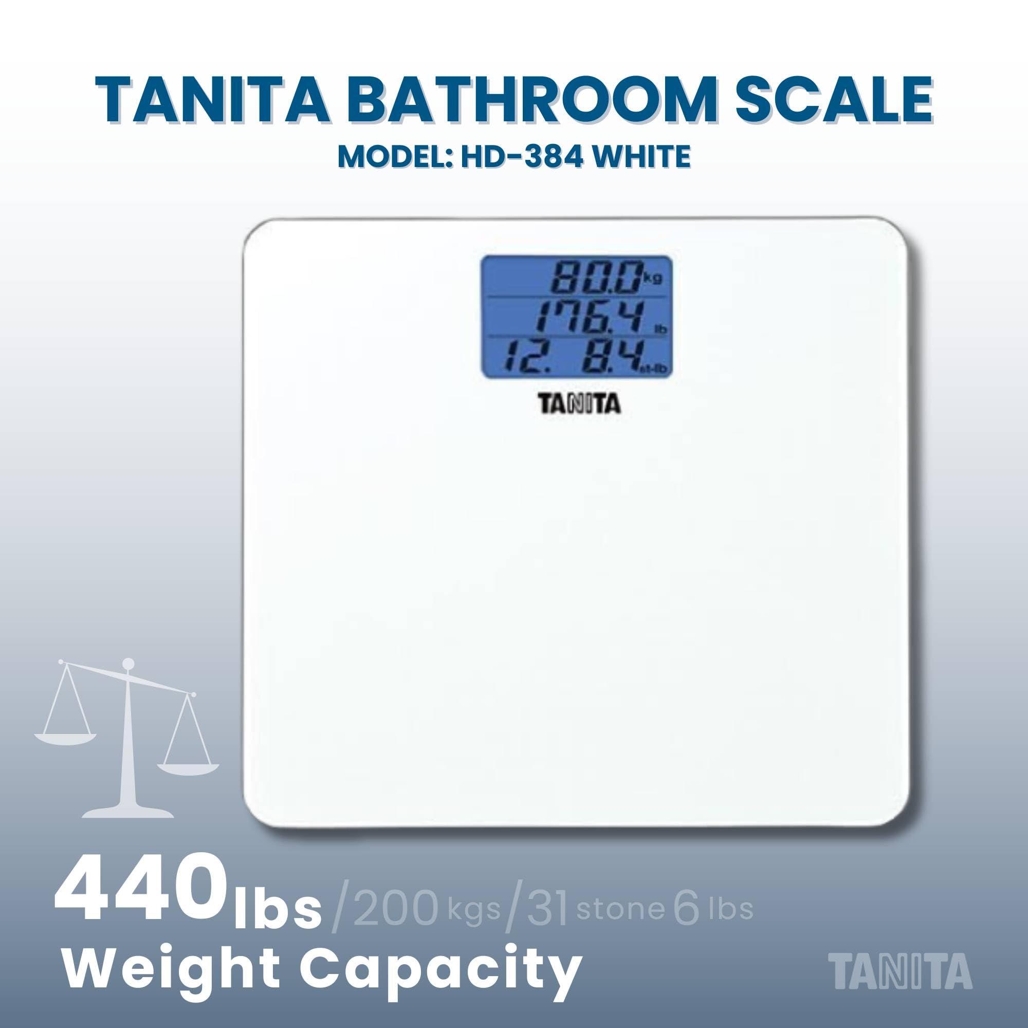 TANITA Tanita HD-384 Digital Weight Scale - 440 lbs Capacity Japan Technology Multi-Unit Display LBS, KG, Stone - Step On to Activate Bathroom Scale - with Blue Backlit LCD Display & Tempered Glass (White)