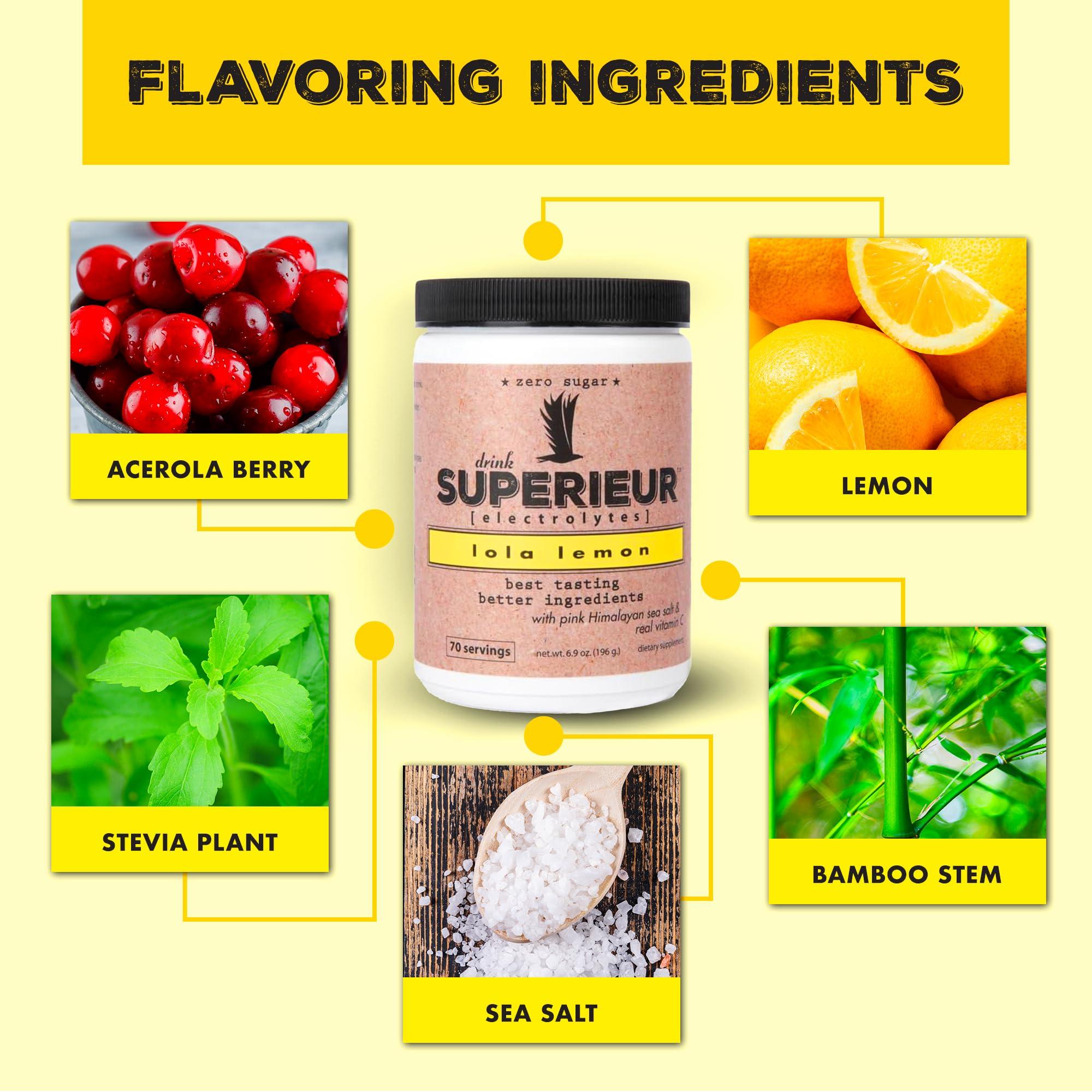 Superieur Superieur Electrolytes Plant Based Electrolyte Supplement w/Sea Minerals for Hydration & Recovery Keto Friendly, Non-GMO, Zero Sugar, Vegan Healthy Sports Drink Powder Lola Lemon (70 Servings)