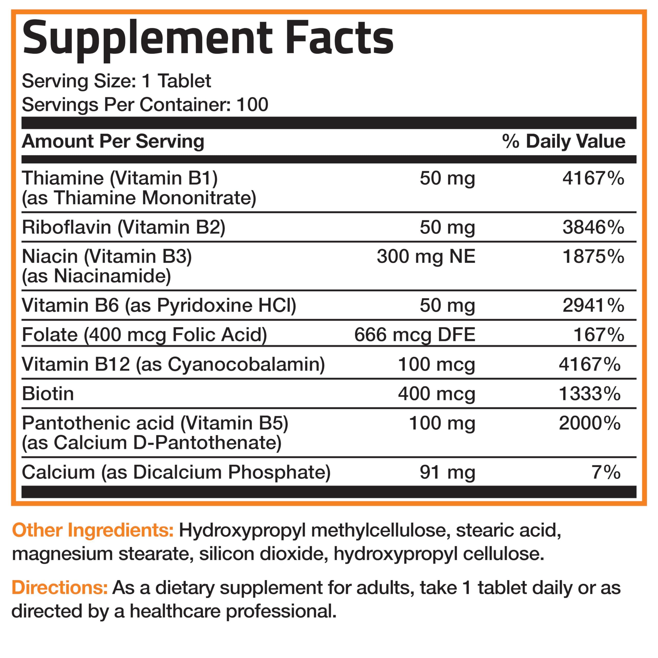 Bronson Bronson Super B Vitamin B Complex Sustained Slow Release (Vitamin B1, B2, B3, B6, B9 - Folic Acid, B12) Contains All B Vitamins 100 Tablets