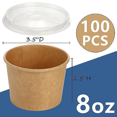 Lyellfe Lyellfe 100 Pack Disposable Paper Bowls with Lids, 8 Oz Heavy Duty Kraft Paper Bowl, To Go Soup Container Dessert Cups for Ice Cream, Yogurt, Cold and Hot