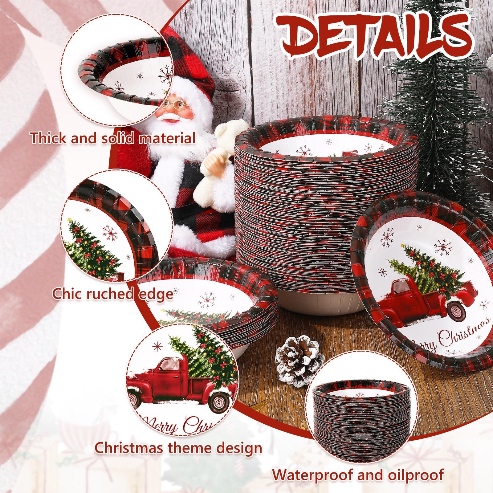 Whaline Whaline 100Pcs Christmas Paper Bowls Red Black Plaid Xmas Tree Truck Disposable Serving Bowls Winter Christmas Ice Cream Bowl for Hot Cold Food Party Supplies