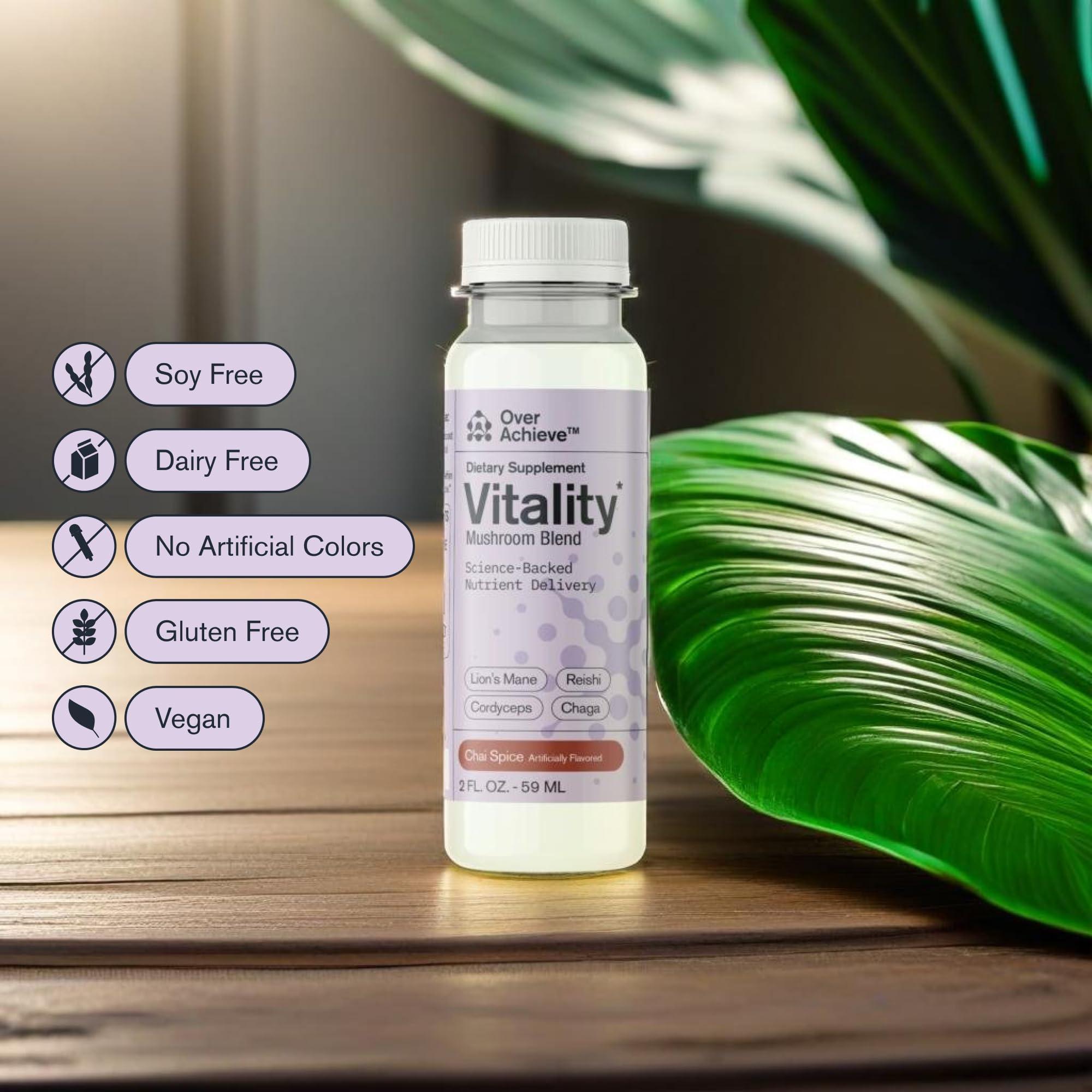 OVERACHIEVE OVERACHIEVE Mushroom Supplement Drink, Fast-Acting Vitality Blend, Cordyceps, Reishi, Chaga, Lions Mane,Ashwaganda, for Adults, Chai Spice Flavor 2 fl oz (3 Pack)