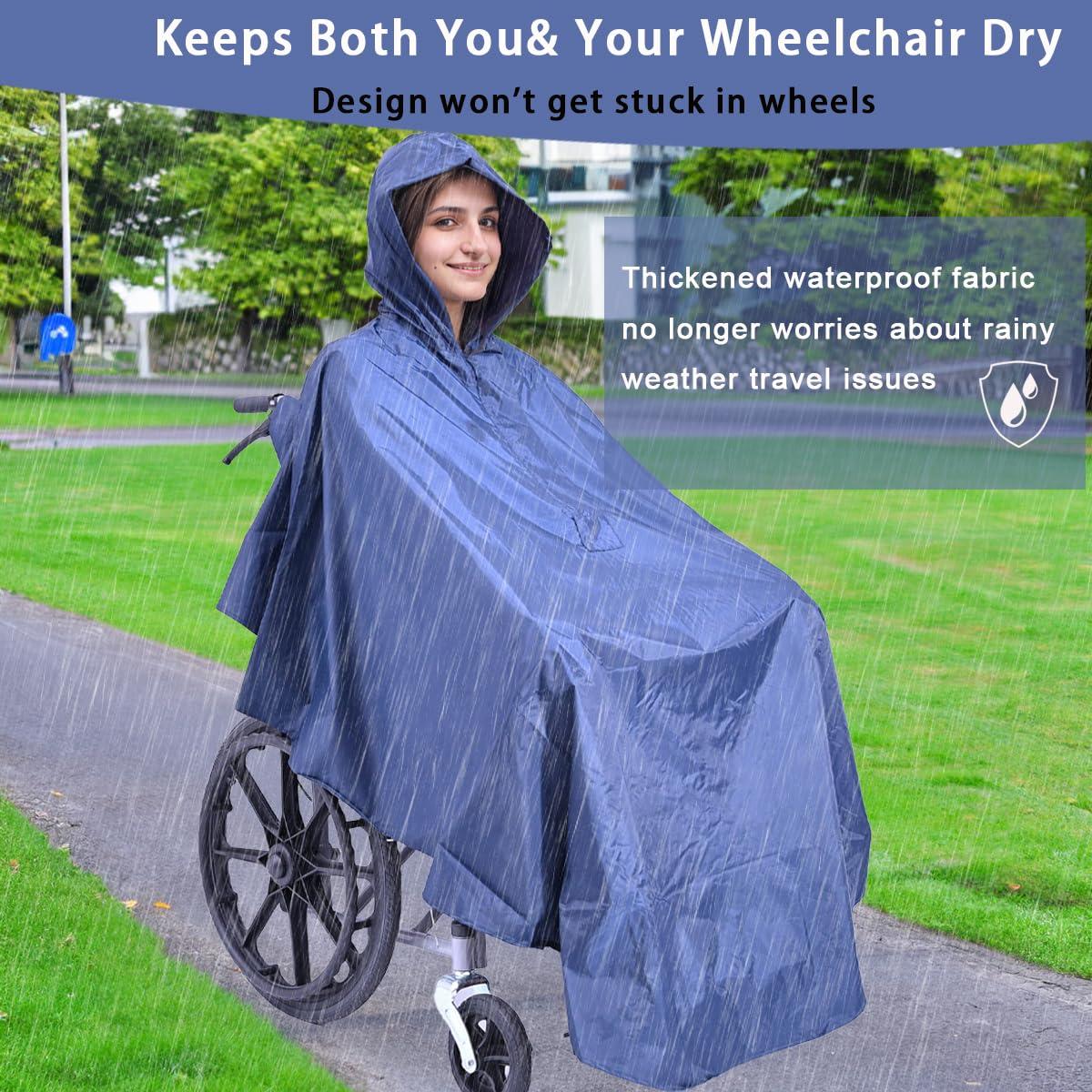 Fonakei Fonakei Wheelchair Poncho Wheelchair Covers Waterproof with Reflective Strips Rain Ponchos for Adults Reusable, Adjustable Hood,Secure Buckle Straps Black Electric Wheelchair Accessories (Navy Blue)