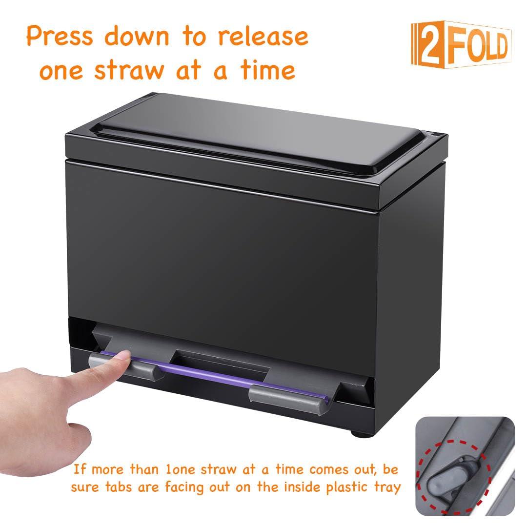 2Fold 2Fold Stainless Steel Straw Dispenser - Drinking Straw Holder For Bulk Unwrapped Paper and Disposable Plastic Straws - Includes Custom Label Stickers (Black)