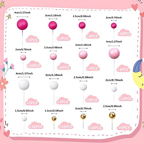 RASSLISA 113 PCS 5 Size Colorful Balls Cake Topper Foam Ball Cake Decorations Ball Shaped Cake Insert Topper for Birthday Baby Shower Wedding Decoration Supplies (Gold Pink White Hot Pink)