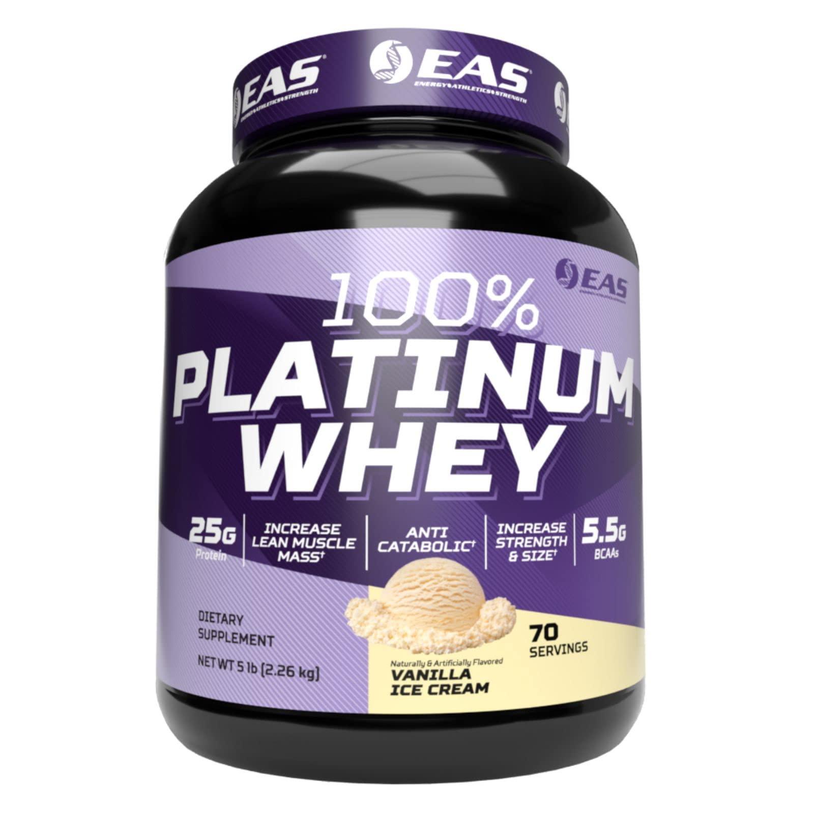 EAS EAS 100% Platinum Whey Protein | 3 Ultra-Platinum Whey Proteins | Increase Size & Strength | 25g Protein, 5.5g BCAAs | 5 Pound (Vanilla Ice Cream)