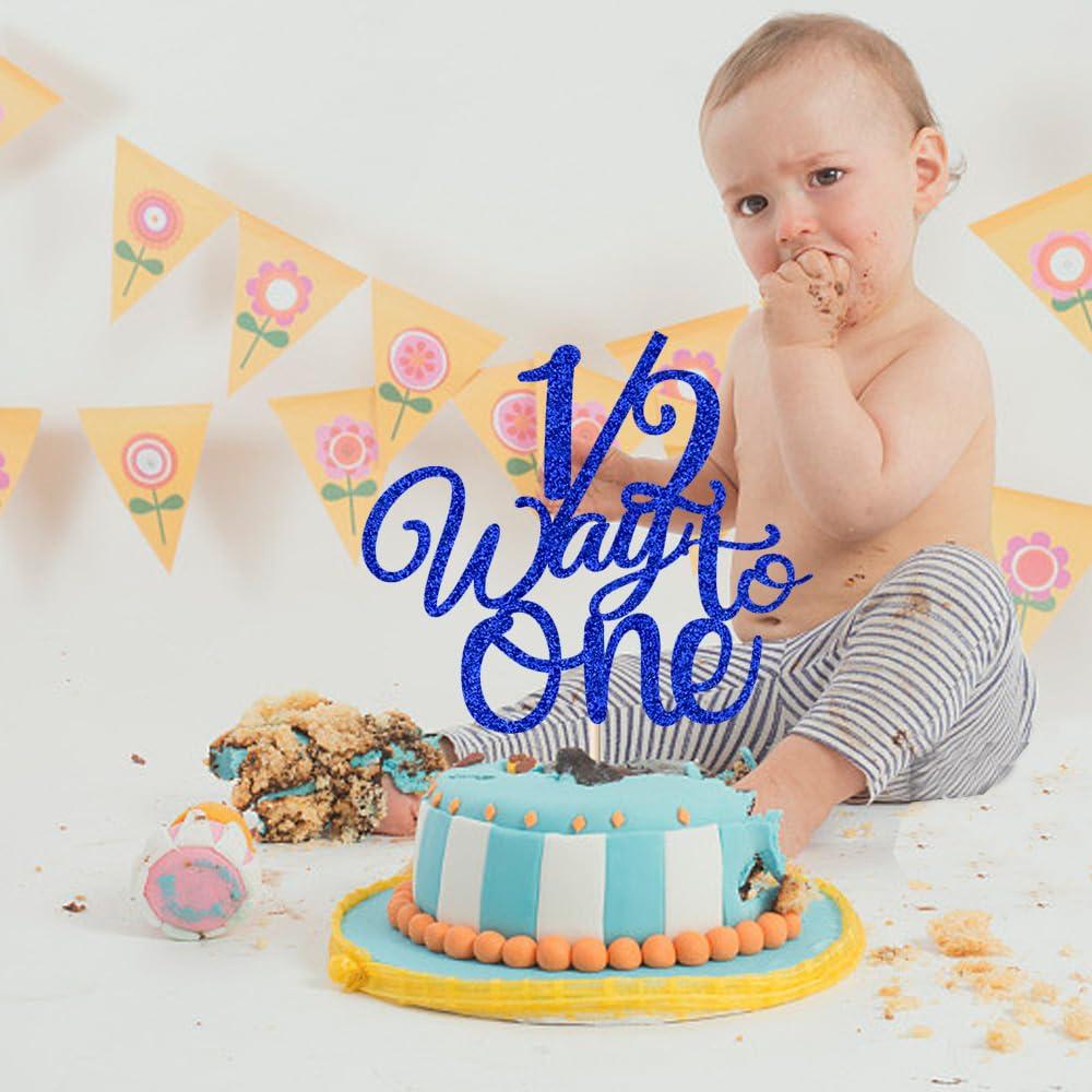 Naicaek Naicaek 1/2 Way to One Cake Topper,Happy 6 Months Cake Decorations,Half Way to One Cake Topper,Baby Boys Girls 6 Months Birthday Party Decorations (Royal Blue Glitter)