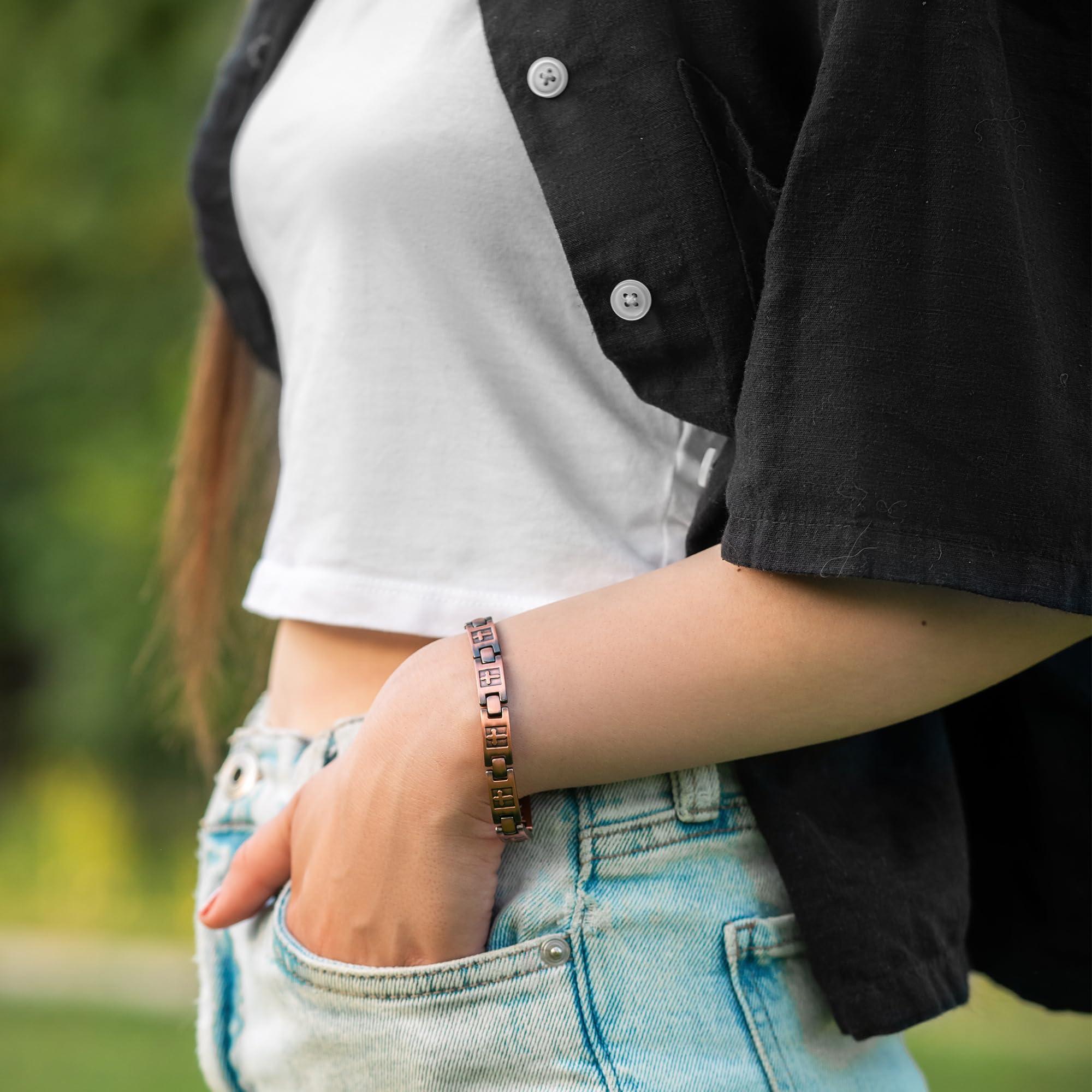 MagnetRX MagnetRX Copper Cross Bracelets for Women Effective Magnetic Womens Bracelet with Cross Adjustable Cross Bracelet with Included Sizing Tool (Cross)