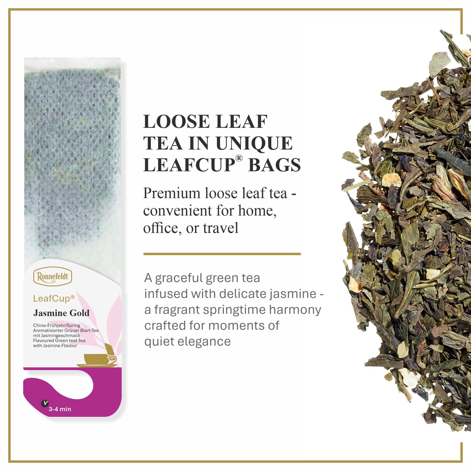 Ronnefeldt Ronnefeldt LeafCup Jasmine Gold - Green Tea Loose Leaf, 15 Individually Wrapped Tea Bags with Cardboard Tag to Hook on Cup - Natural Flavored Green Tea with Jasmine Flavour - Hot or Iced