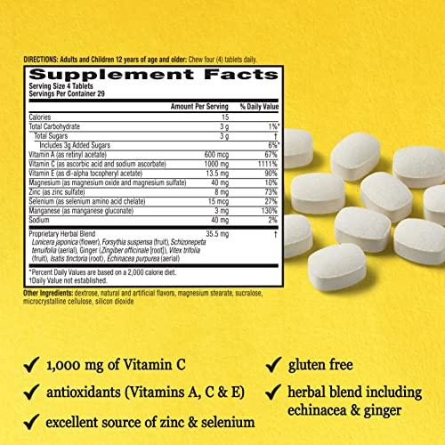 Airborne Airborne 1000mg Vitamin C Chewable Tablets with Zinc, Immune Support Supplement with Powerful Antioxidants Vitamins A C & E - (116 count bottle), Citrus Flavor, Gluten-Free