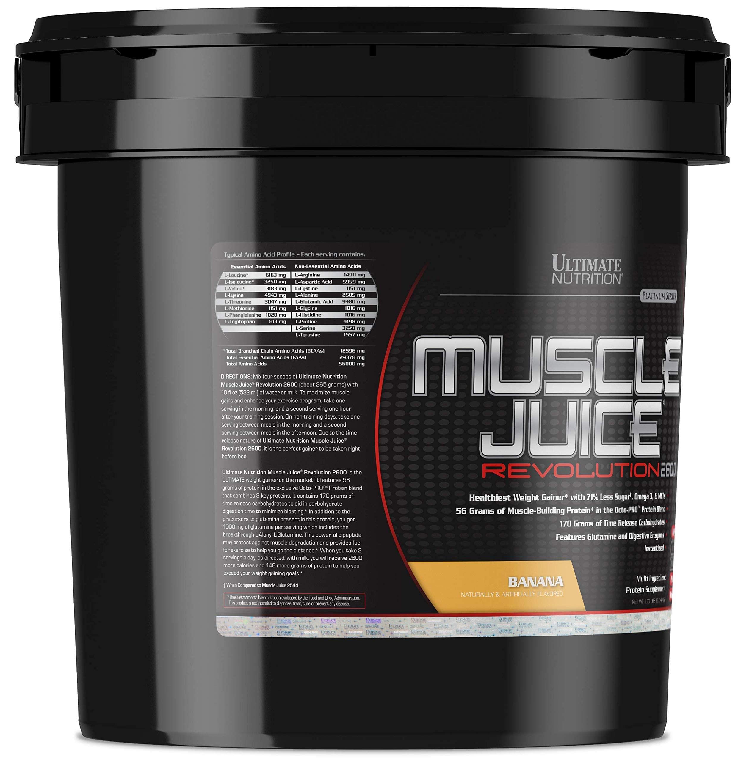 Ultimate Nutrition Ultimate Nutrition Muscle Juice Revolution 2600 Weight Gainer, Muscle Recovery with Glutamine, Micellar Casein and Time Release Complex Carbohydrates, Banana Protein Powder, 11.1 Pounds