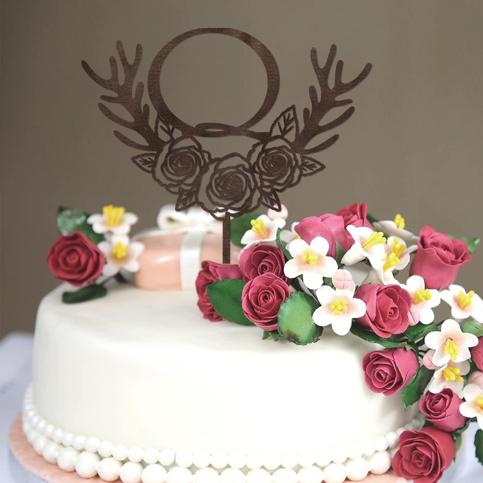 Vinisong Initials Q Cake Toppers, Vinisong Letter Cake Topper Brown Wood Wreath Cake Decorations Monogram Cake Topper Rustic Wedding Cake Decor(Q,Design 11)