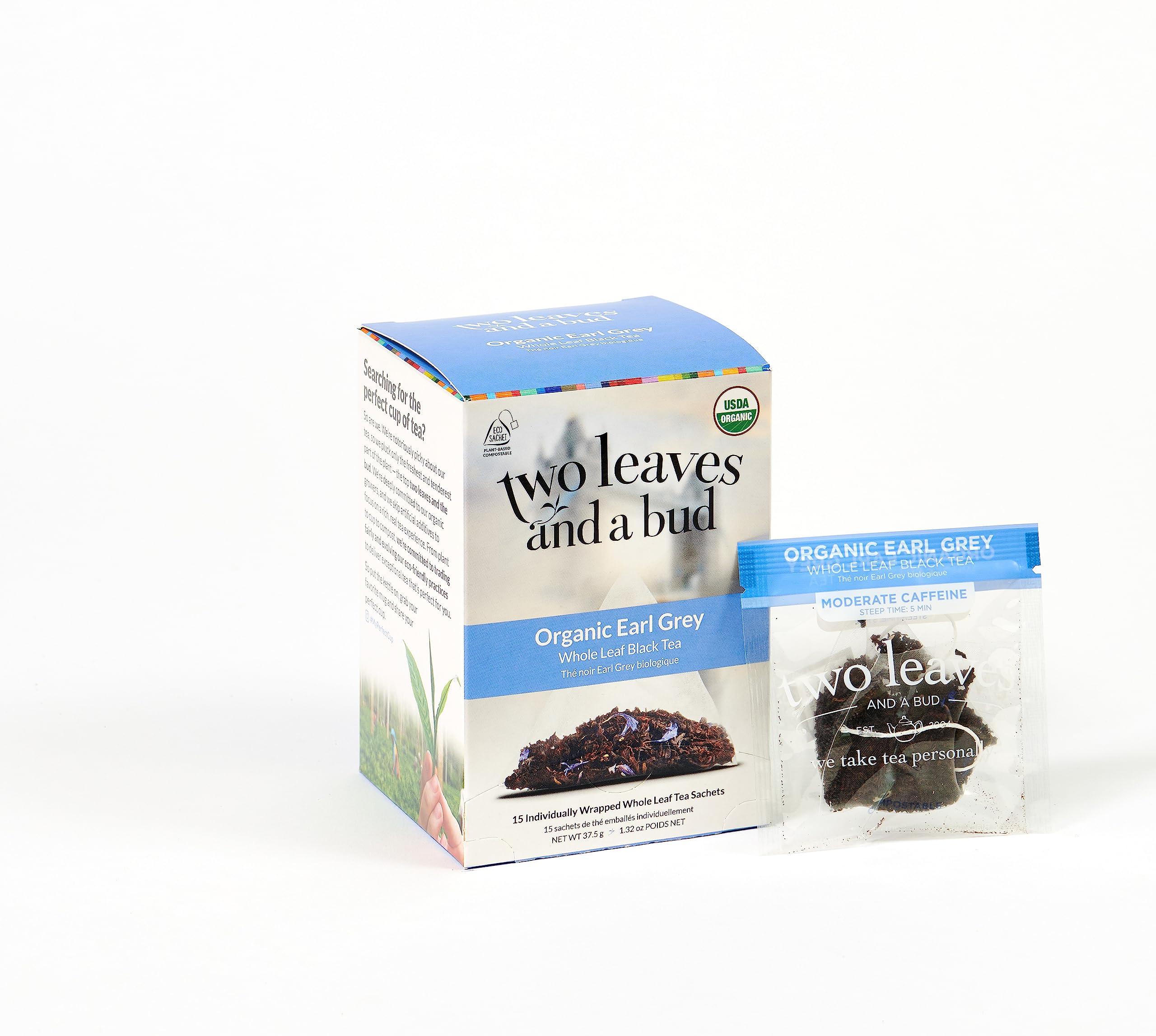 Two Leaves and a Bud Two Leaves and a Bud Organic Earl Grey Tea Bags, Whole Leaf Caffeinated Black Tea in Compostable Sachets, Caffeinated Black Tea Flavored with Bergamot, Add Milk and Sugar, 15 Count (Pack of 1)