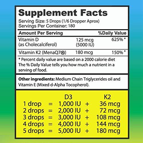 wellwe Liquid Vitamin D3 K2 Drops 5000 IU - Vegan, No Taste, No Odor, Soy-Free, Gluten Free, Non-GMO, 1000 IU per Drop, Boosts Energy Levels & Immune System, Supports Heart Health (5 Pack)