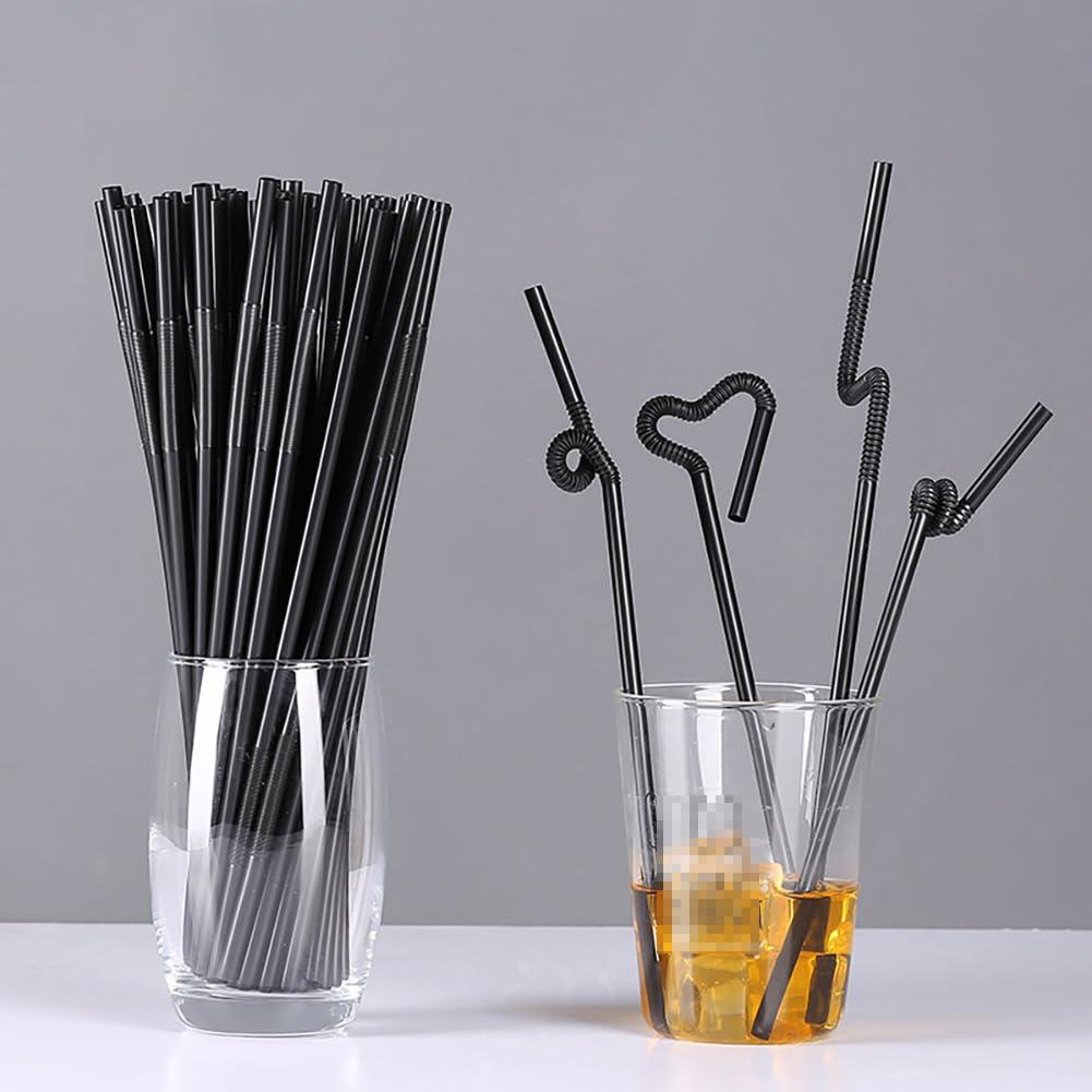 LJJCSFF 200 Pcs Black Plastic Drinking Straws Long Bendy Straws Disposable Flexible Drinking Straws Party Decorations Straws For Juice Cocktails