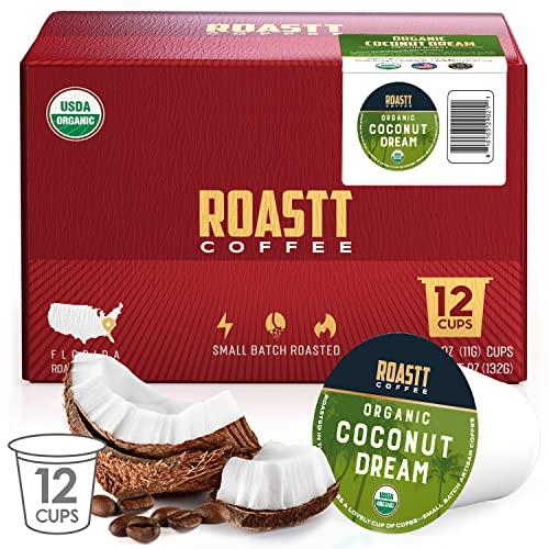 Roastt Coffee Organic Coconut Coffee Pods for Keurig K Cup Compatible Brewers, Organic Medium Roast Caffeinated Coconut Coffee Pods, Brew Hot or over Ice, Compatible with K-Cups and Keurig Brewing Machines Pack of 