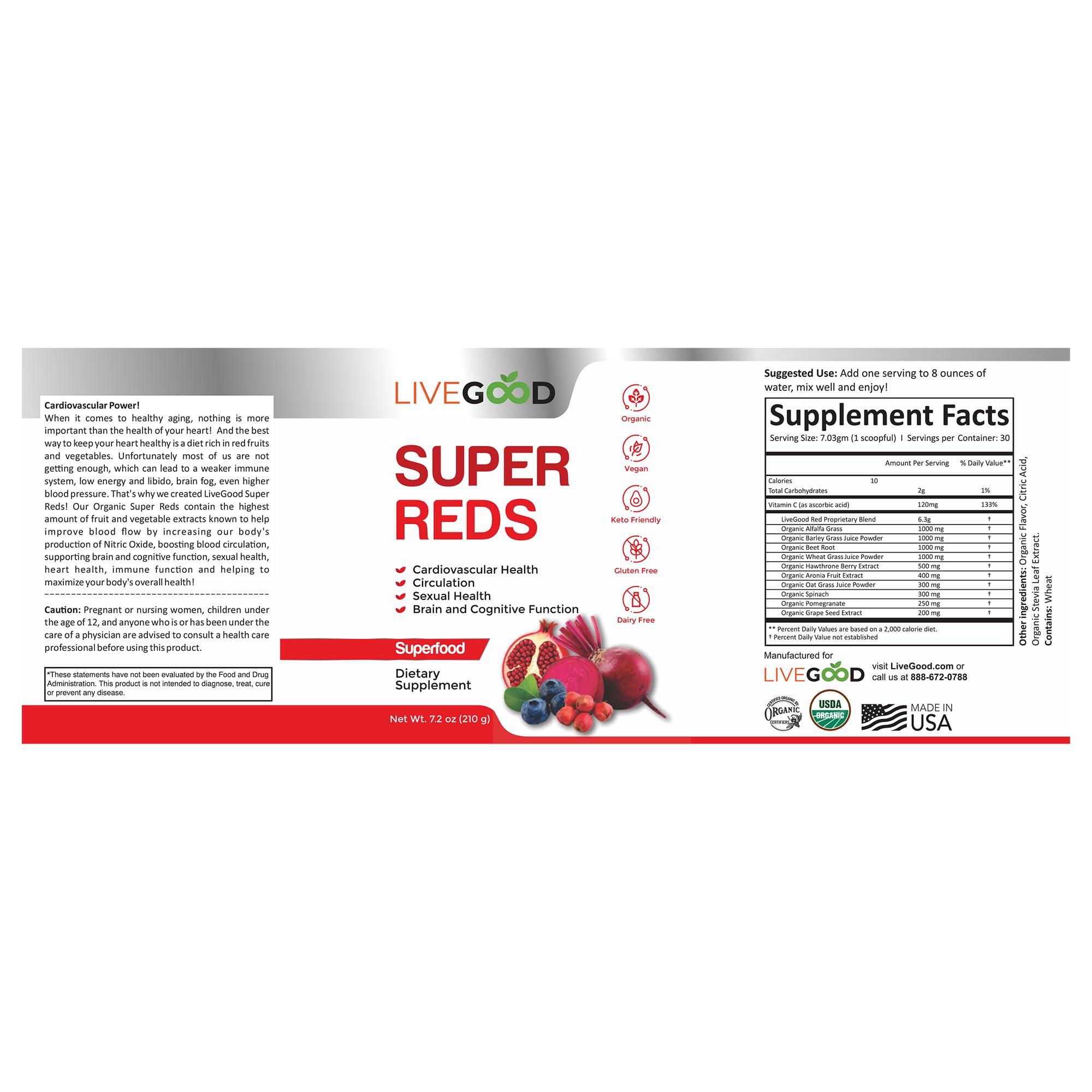 LIVEGOOD LIVEGOOD Organic Super Reds with Alfalfa, Barley Grass, Beet Root, Pomegranite, Grape Seed, Vegan, Gluten Free, 7.2 oz.