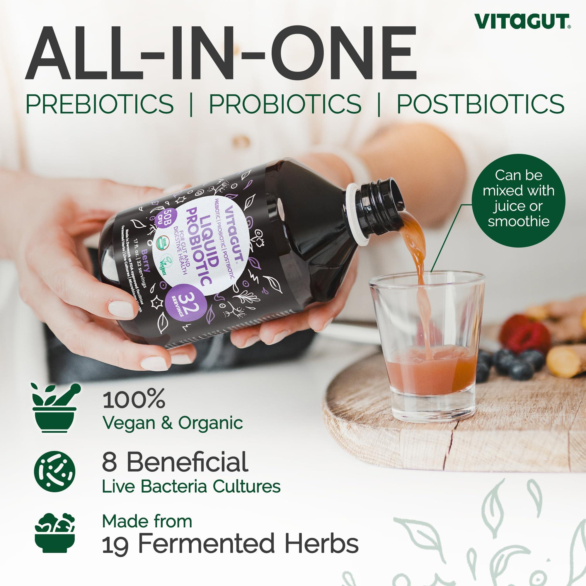 VITAGUT VITAGUT Liquid Probiotic, Prebiotics & Postbiotics 3-in-1 Organic, Live Probiotics for Women & Men - Probiotics for Digestive Health, 50 Billion CFU, 19 Fermented Herbs, Vegan Probiotic for Gut Health