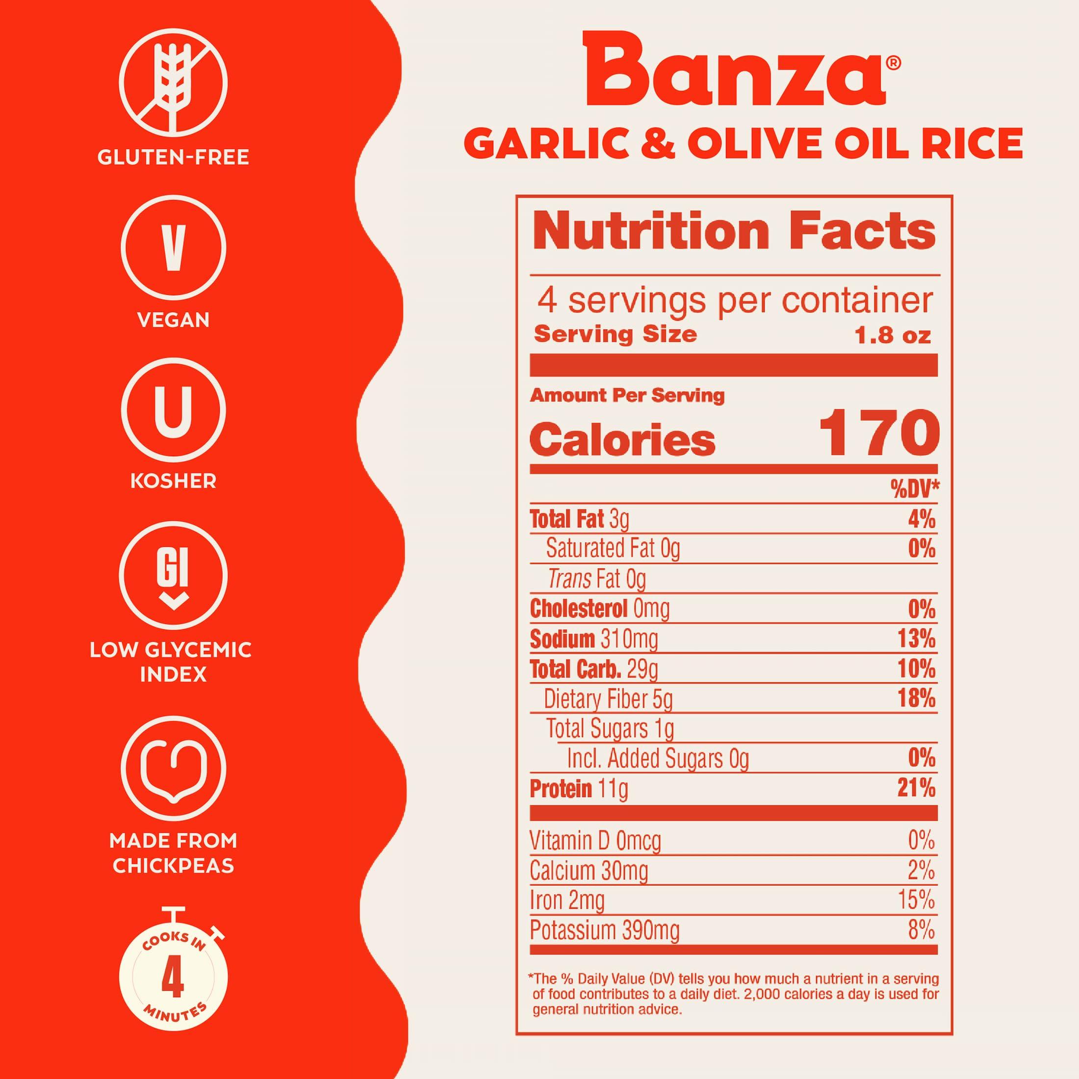 Banza Banza Gluten-Free Chickpea Rice, Garlic & Olive Oil Rice 11g Protein | Lower Carb | High Fiber | High Protein | Plant Based Rice | 7oz