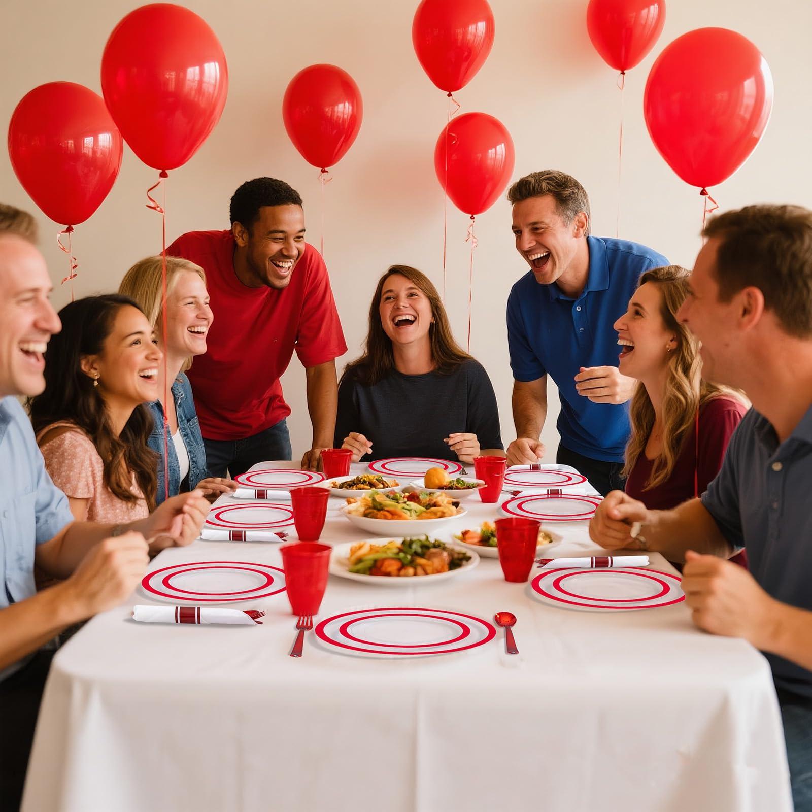 I00000 I00000 350 Pcs Clear and Red Plastic Plates,Valentines Disposable Dinnerware Set, Include 50 Dinner Plates 10.25\'\', 50 Dessert Plates 7.5\'\',50 Red Rim Cups,50 Per Rolled Napkins with Plastic Cutlery