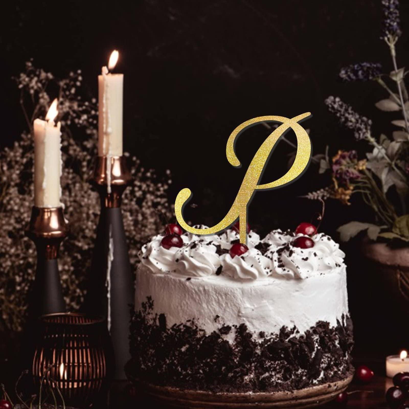 CustonCares Letter P Wedding Cake Topper Monogram Initial Name Glitter Gold For Wedding Engagement Cake Decorations Elegant Laurel Wreath Customize Your Own Cake Topper Bachelorette Gifts
