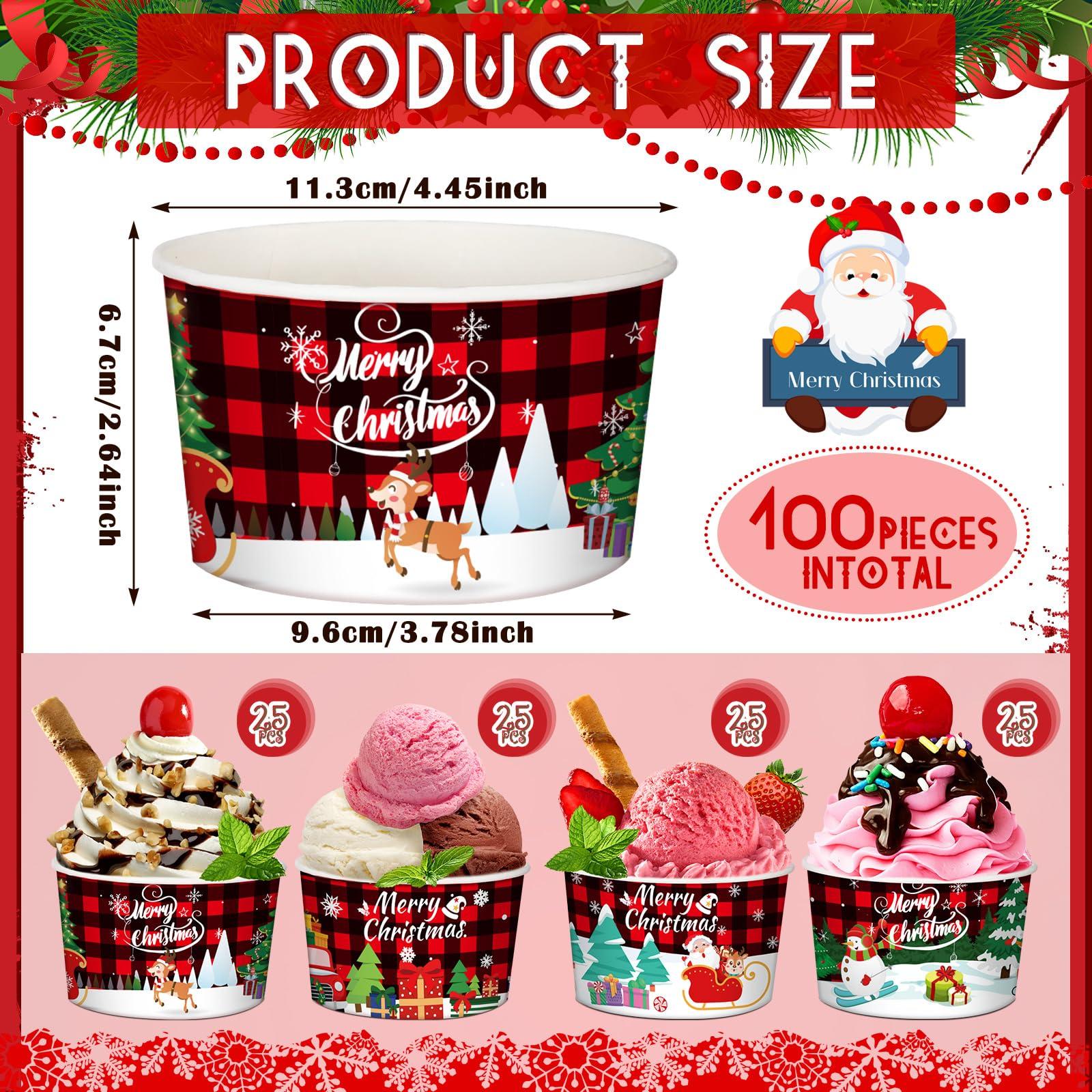 Domensi Domensi 100 Pcs Christmas Treat Snack Cups 12 oz Xmas Themed Paper Treat Food Snack Disposable Paper Bowls Holiday Ice Cream Snack Bowls for Parties Merry Christmas Paper Dessert Cups (Stylish)