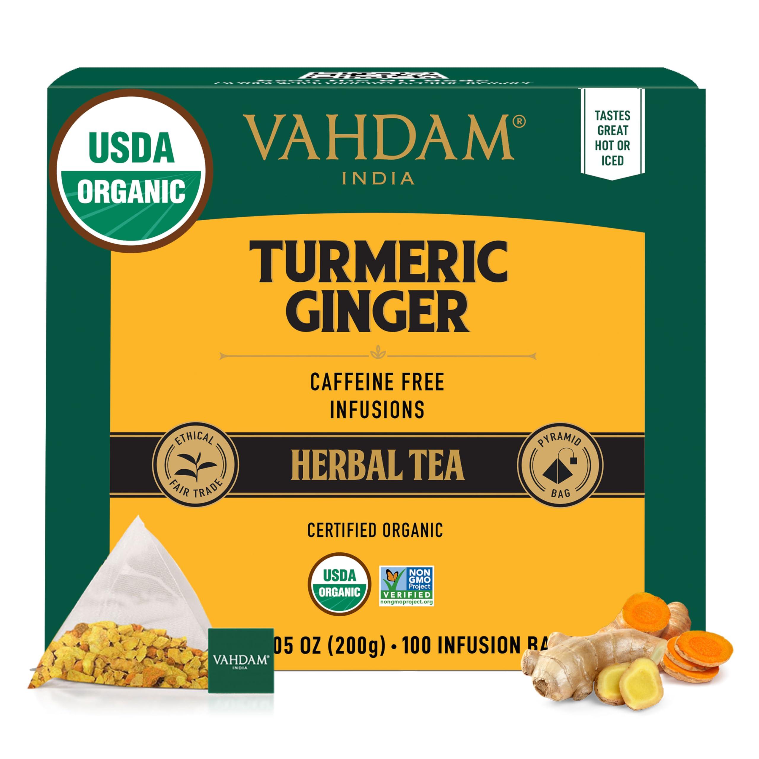 VAHDAM VAHDAM, Turmeric Ginger Herbal Tea Bags (100 Pyramid Tea Bags) Caffeine Free, Non GMO, Gluten Free | 100% Pure Herbal Blend - Savory & Spicy | Plant-Based Tea Bags | Resealable Ziplock Pouch